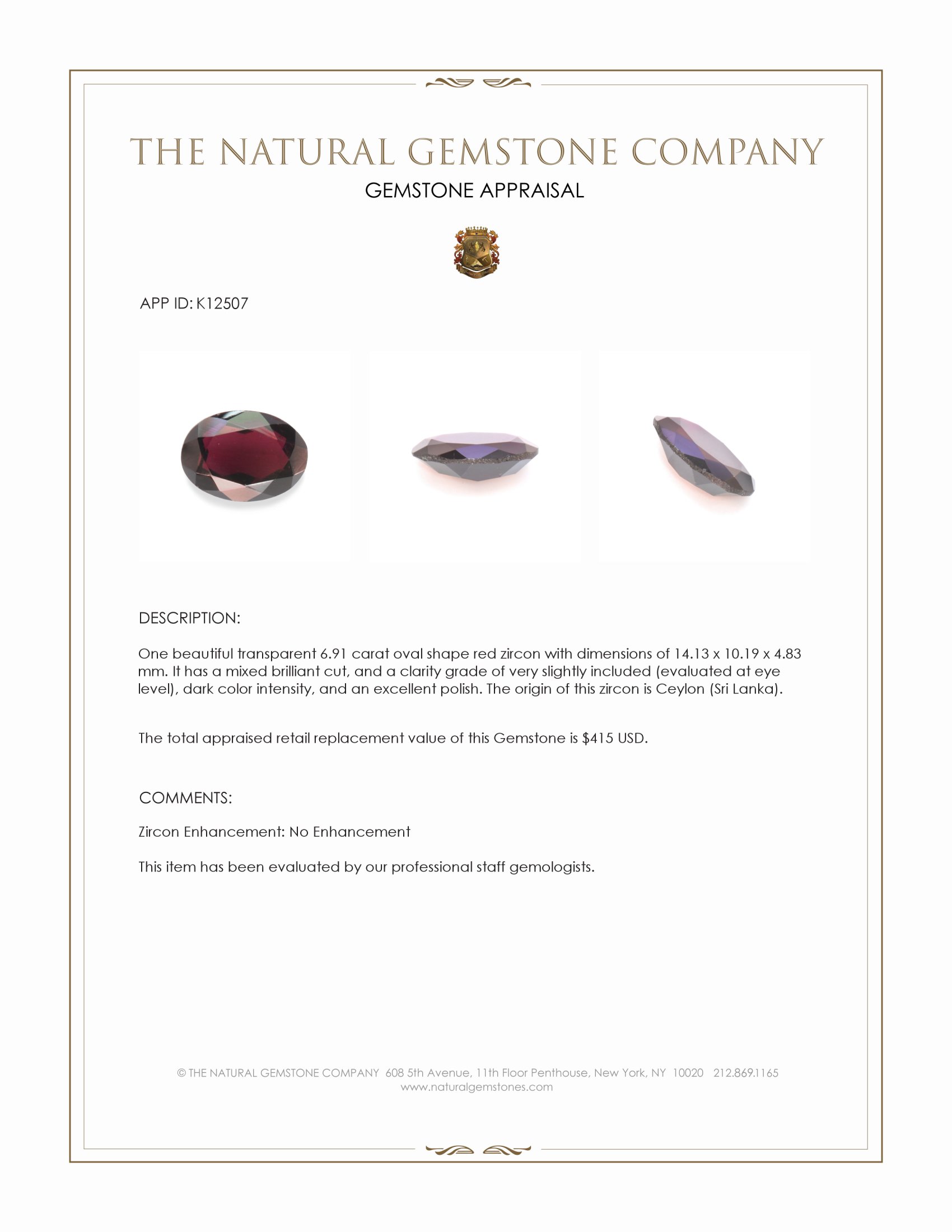 6.91 Ct. Red Zircon from Ceylon (Sri Lanka)