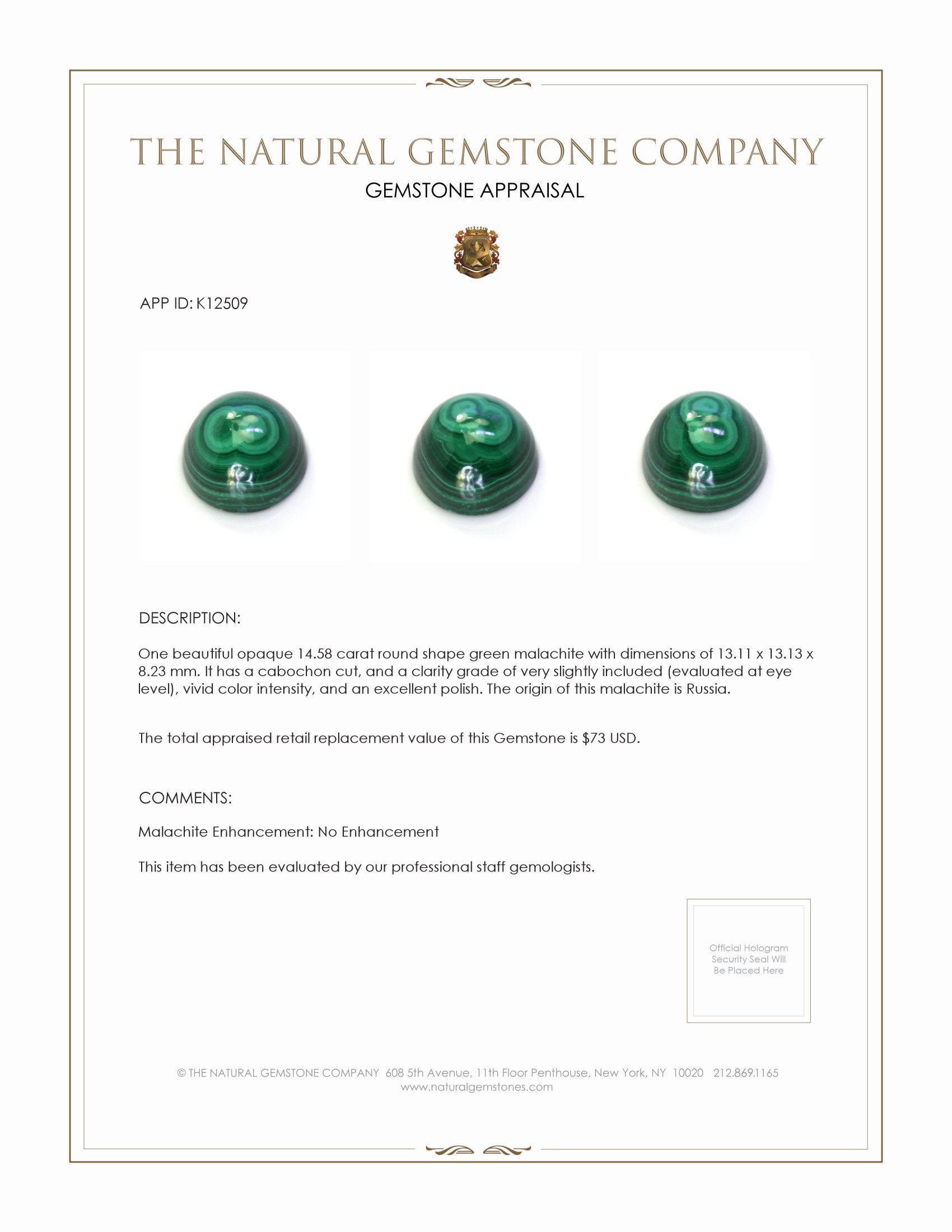 14.58 Ct. Cabochon Malachite from Russia