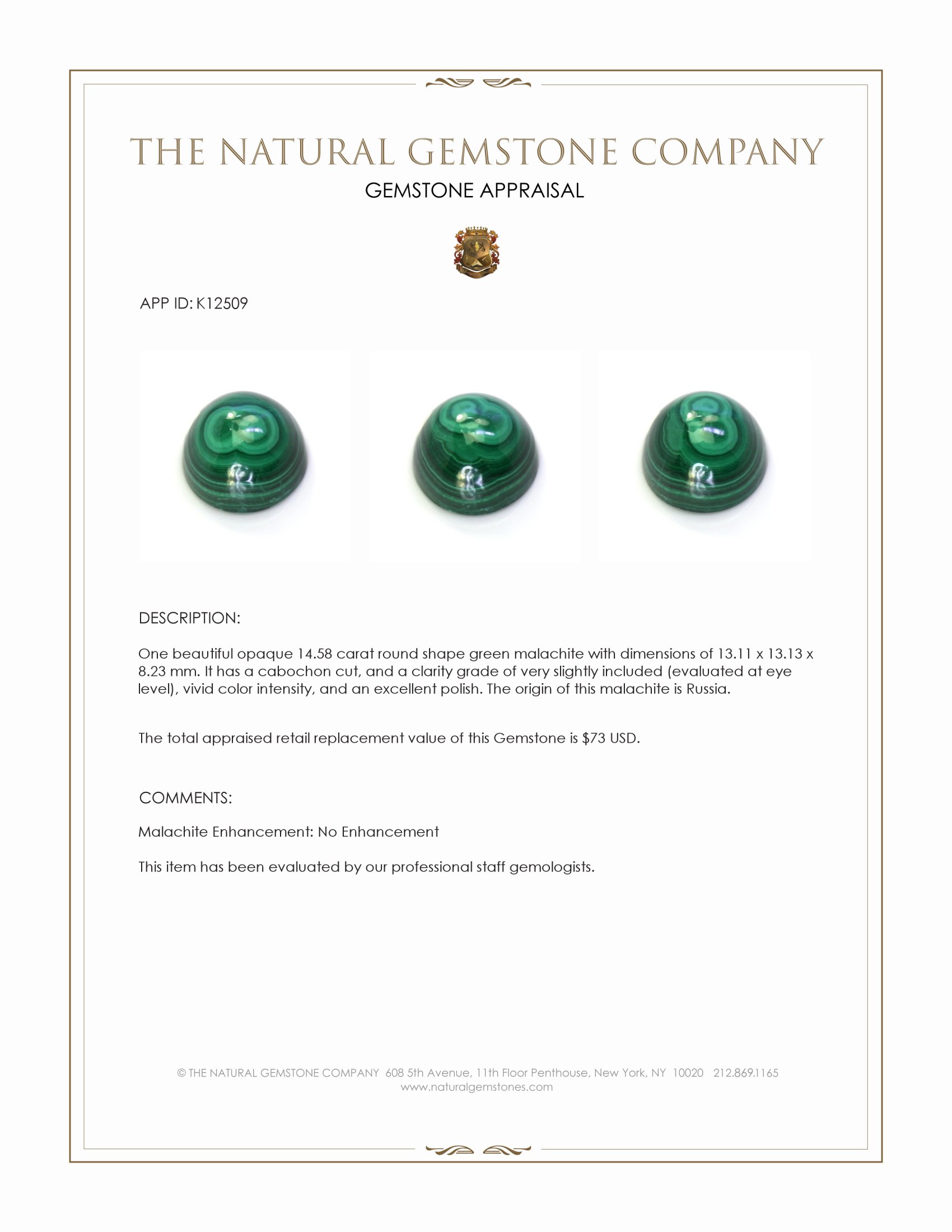 14.58 Ct. Cabochon Malachite from Russia