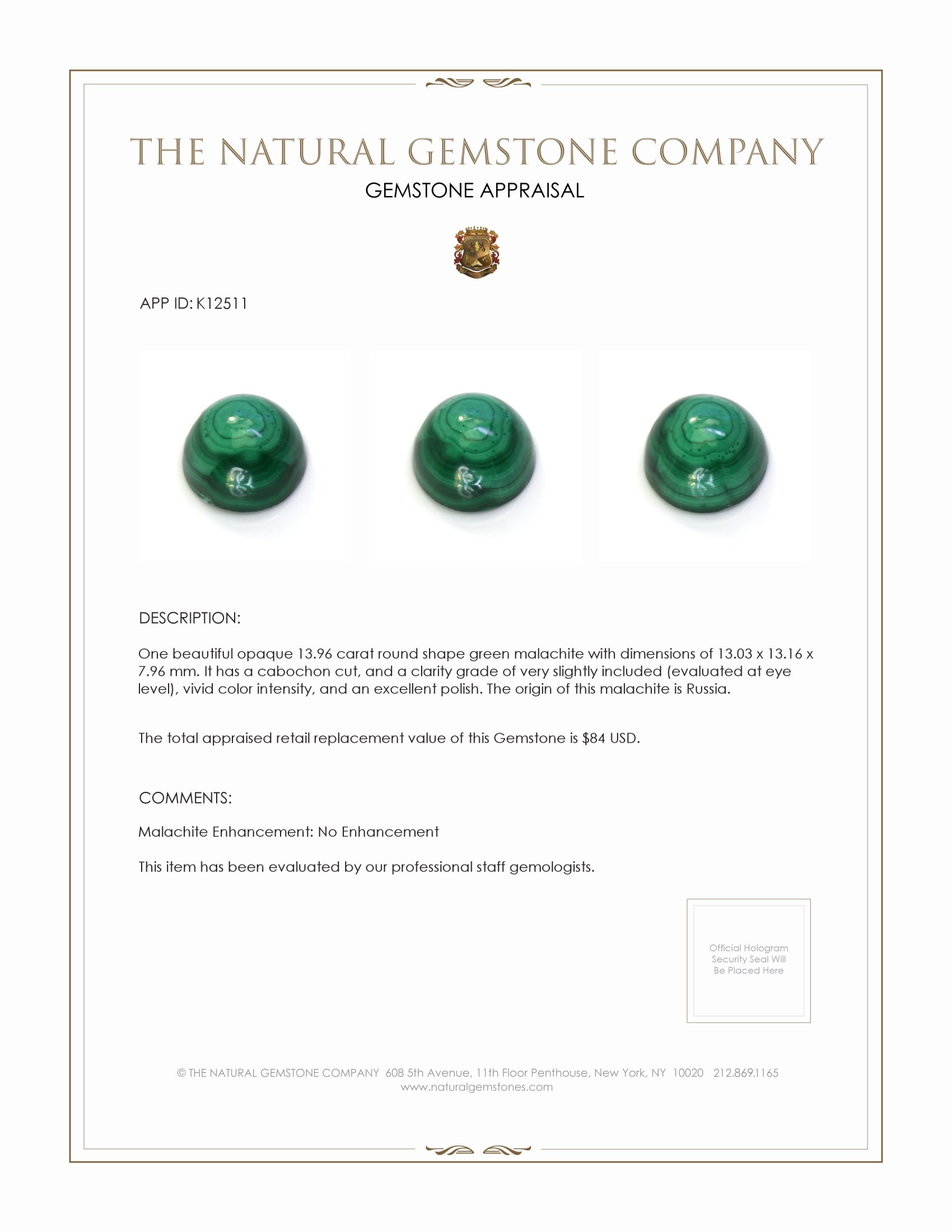 13.96 Ct. Cabochon Malachite from Russia