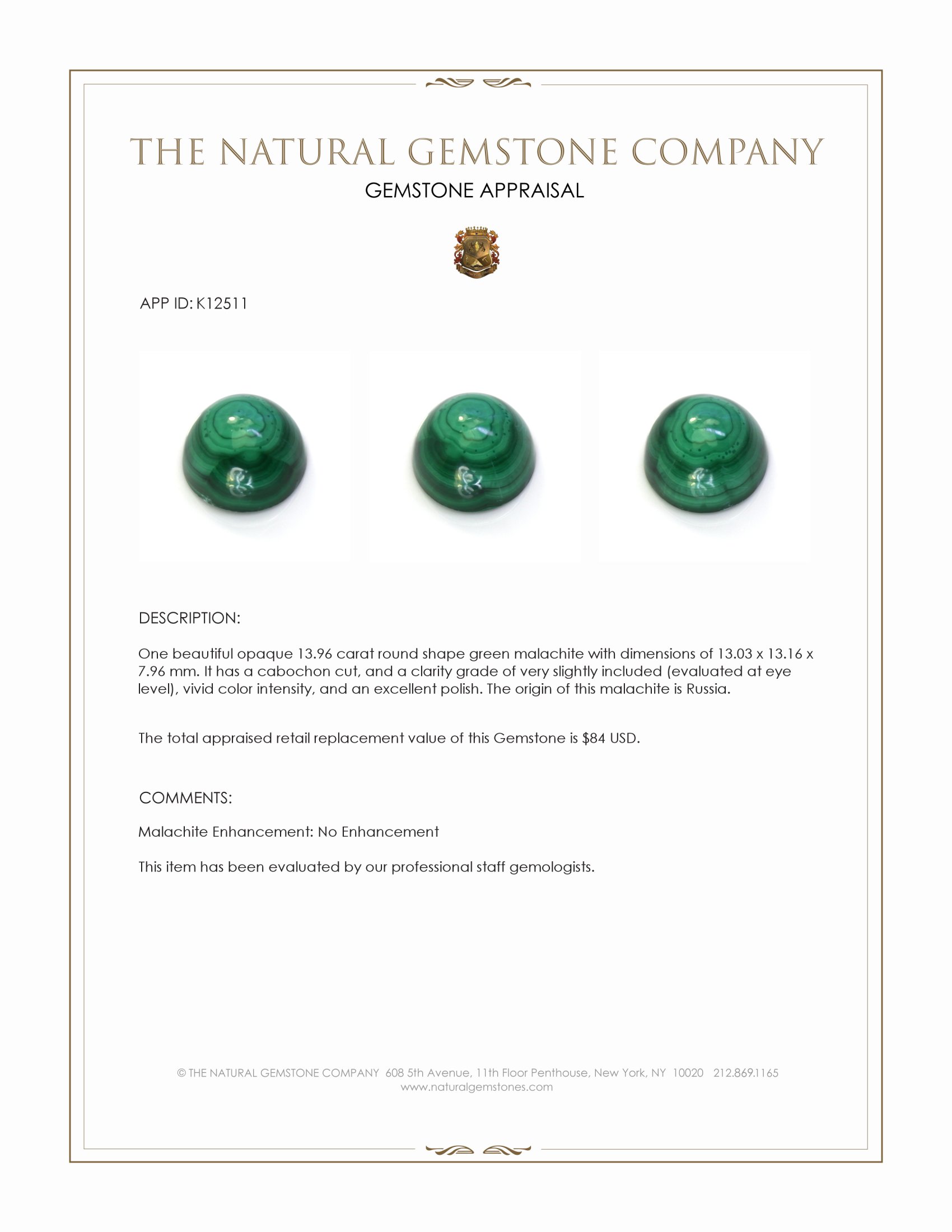 13.96 Ct. Cabochon Malachite from Russia