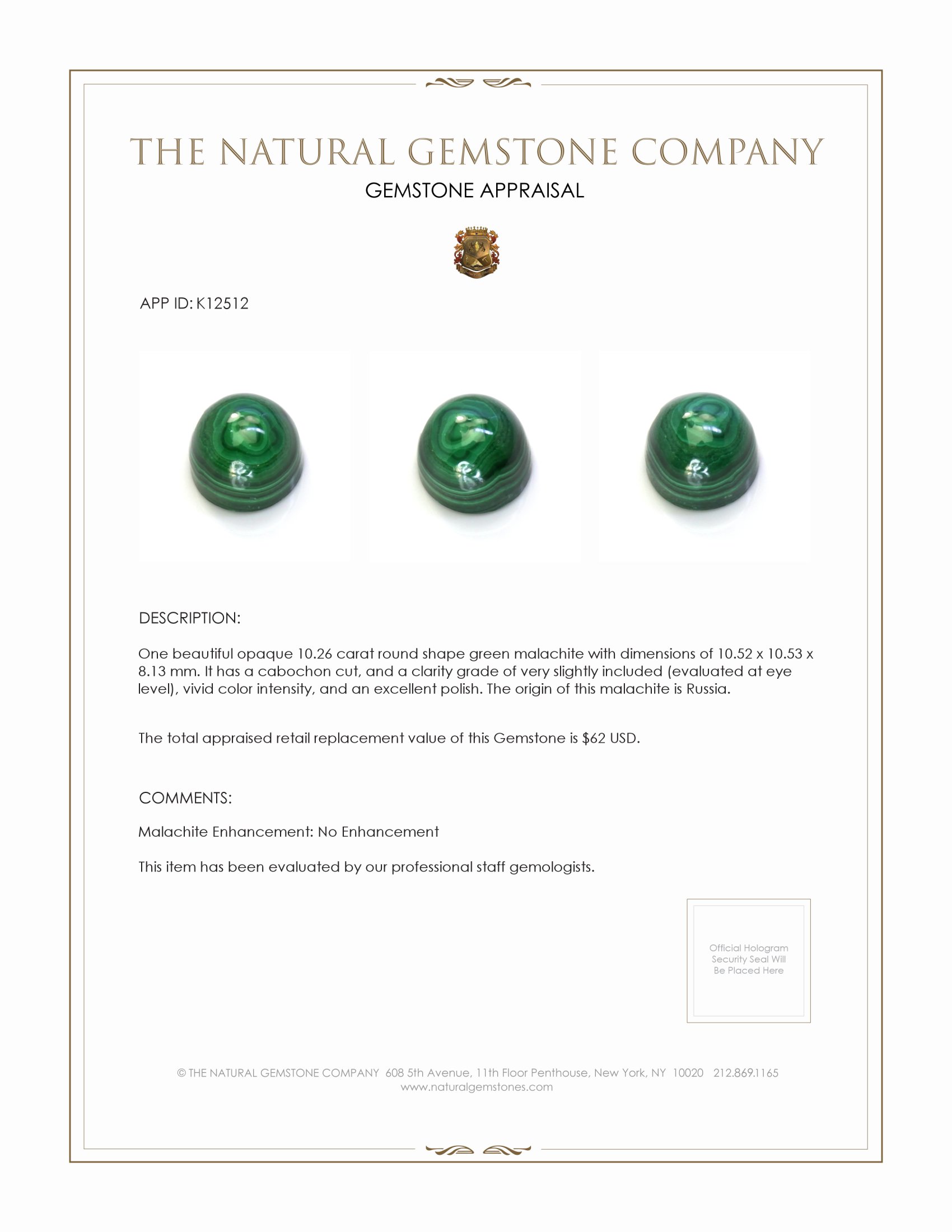 10.26 Ct. Cabochon Malachite from Russia