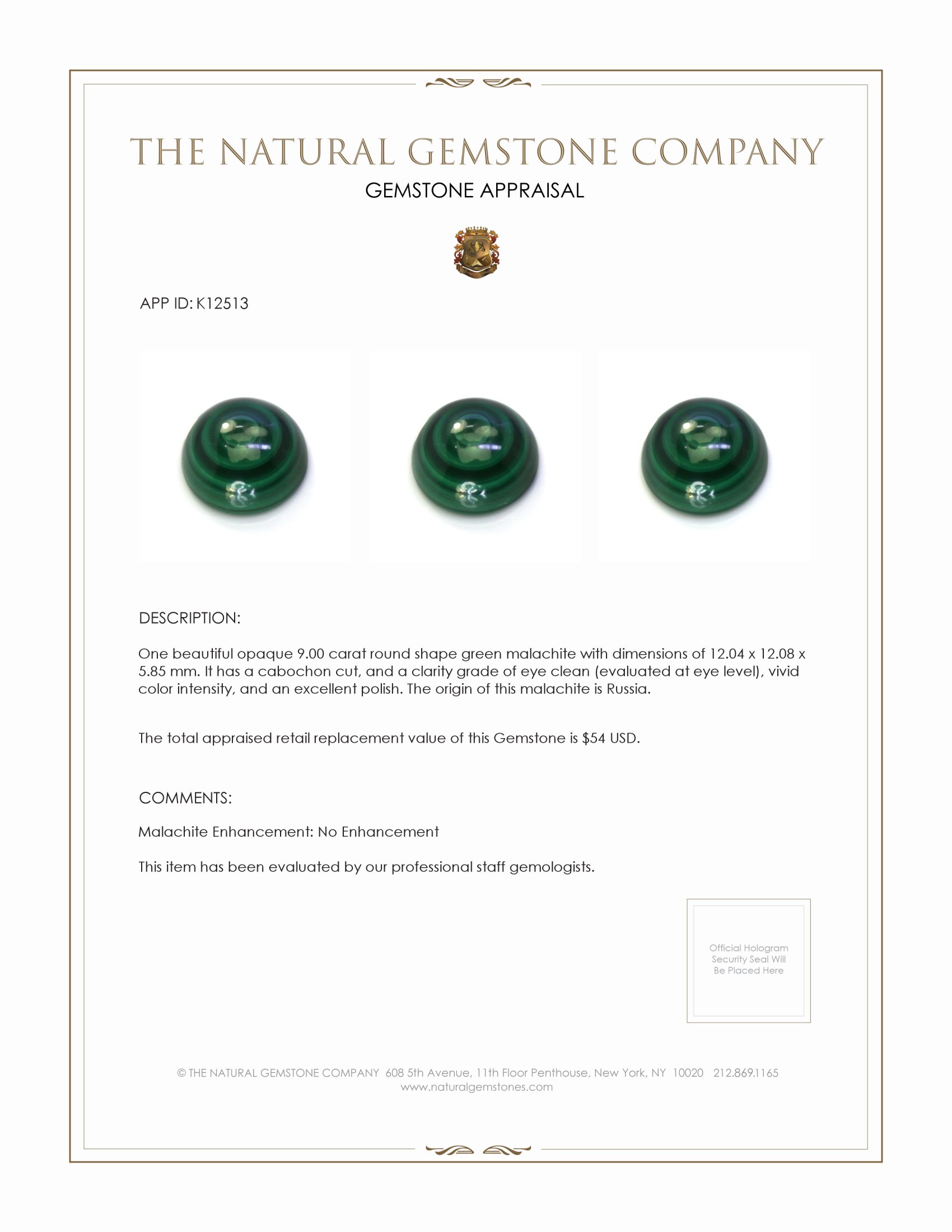 9.00 Ct. Cabochon Malachite from Russia