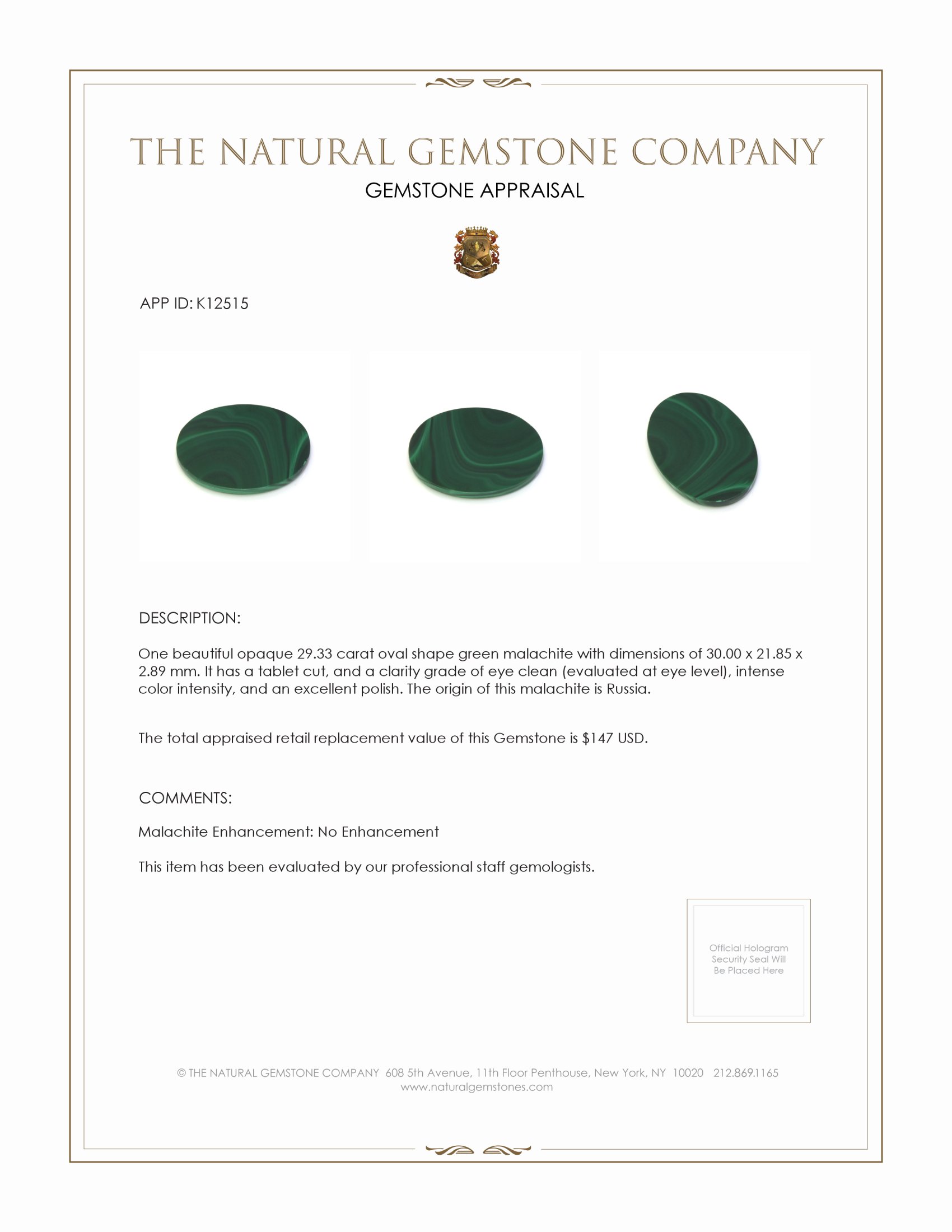 29.33 Ct. Malachite from Russia