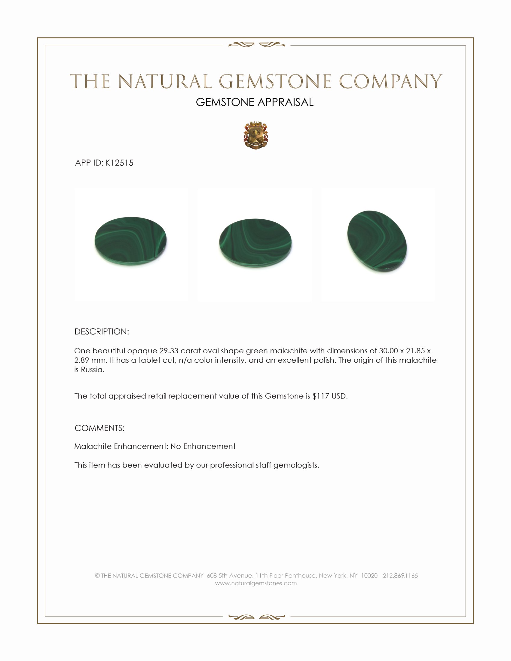29.33 Ct. Malachite from Russia
