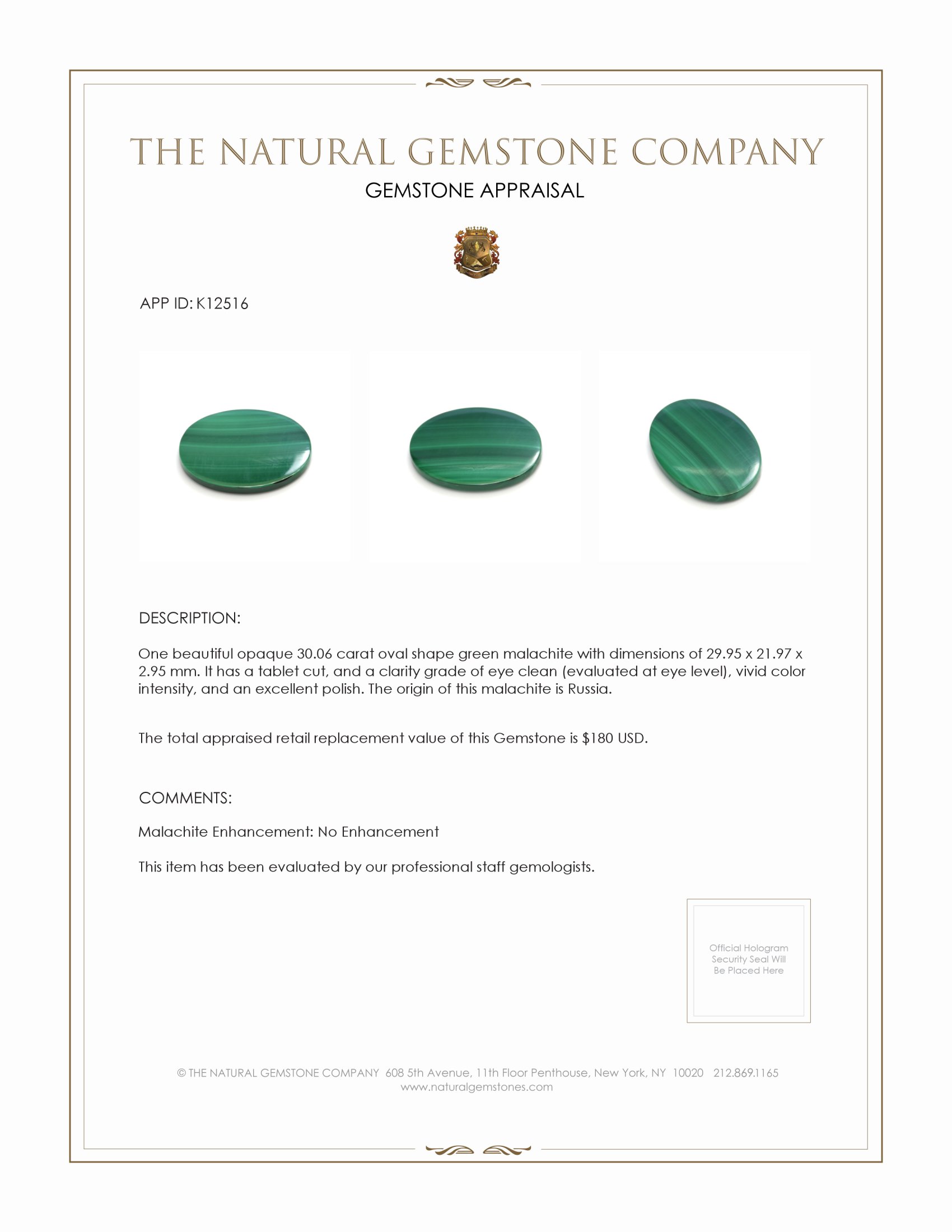 30.06 Ct. Malachite from Russia