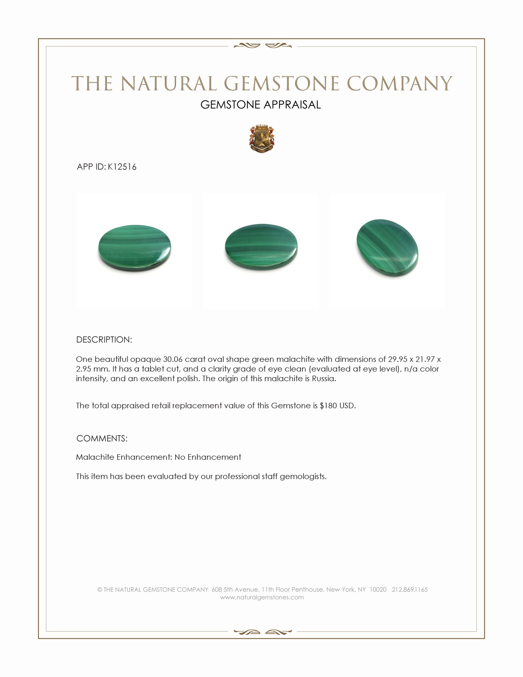 30.06 Ct. Malachite from Russia