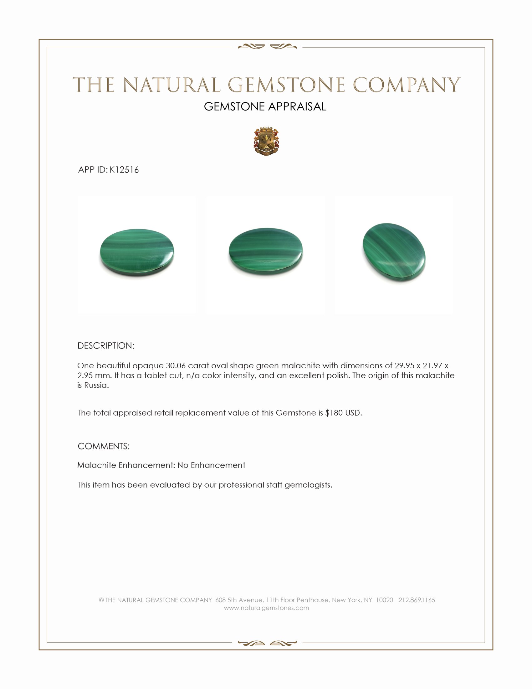 30.06 Ct. Malachite from Russia