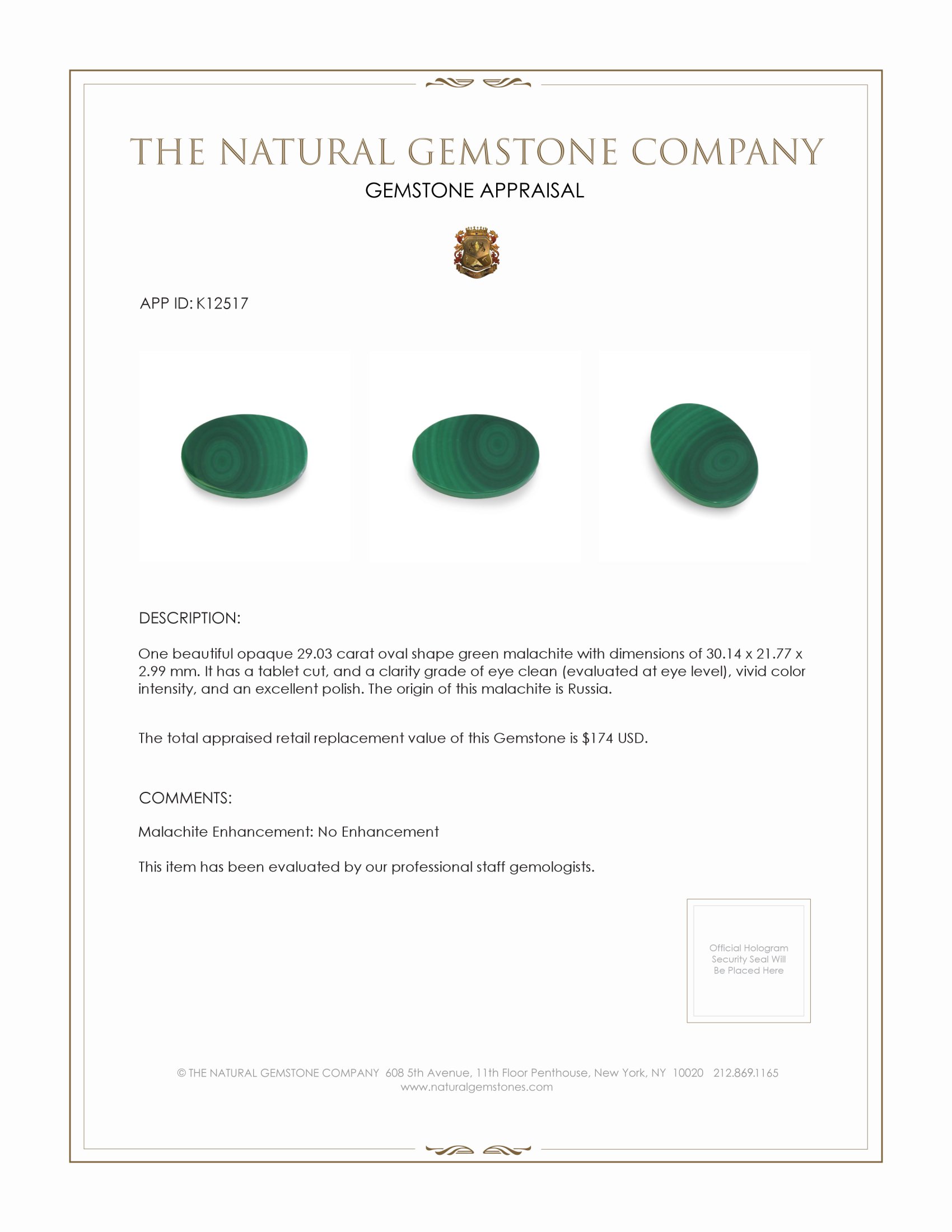 29.03 Ct. Malachite from Russia