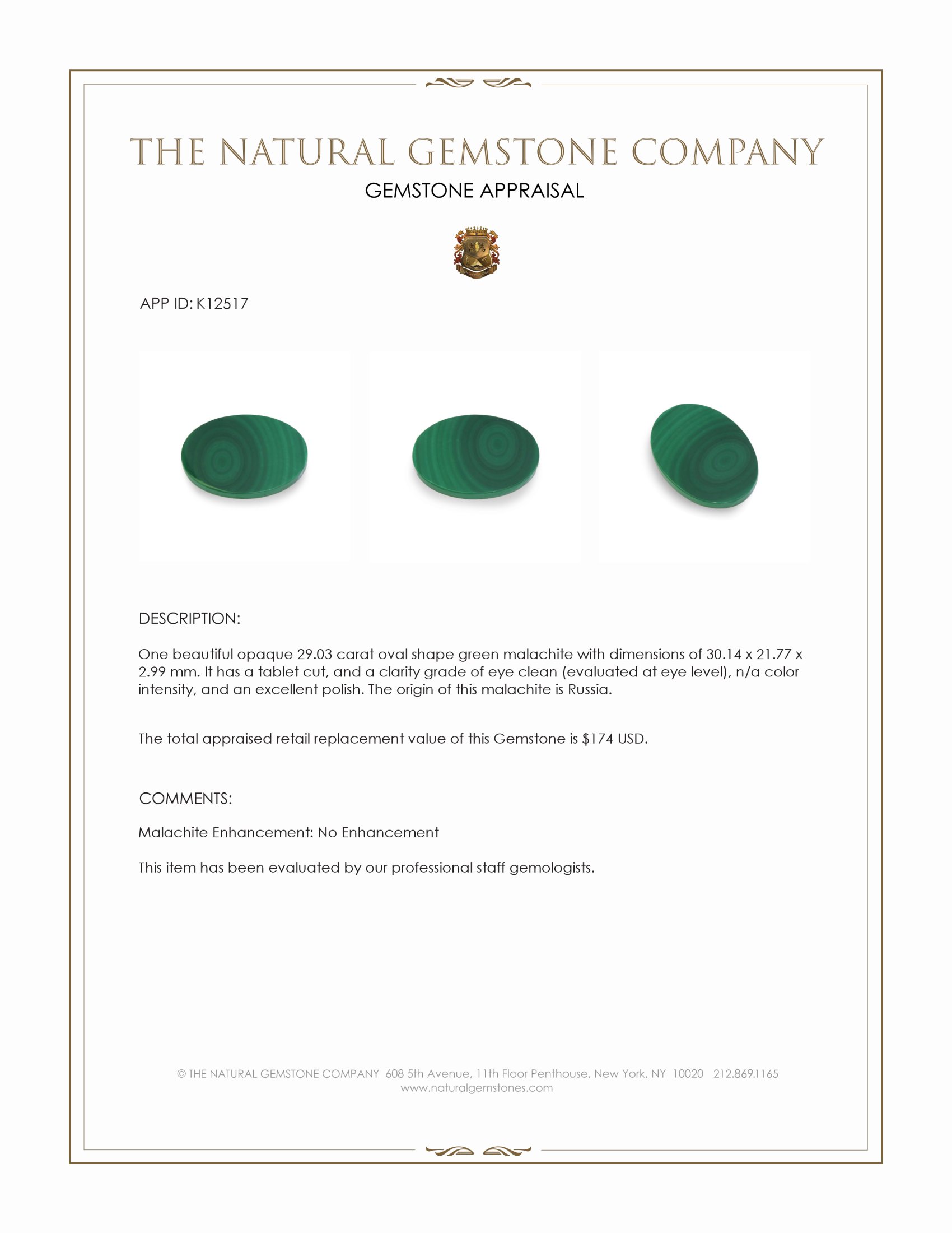 29.03 Ct. Malachite from Russia