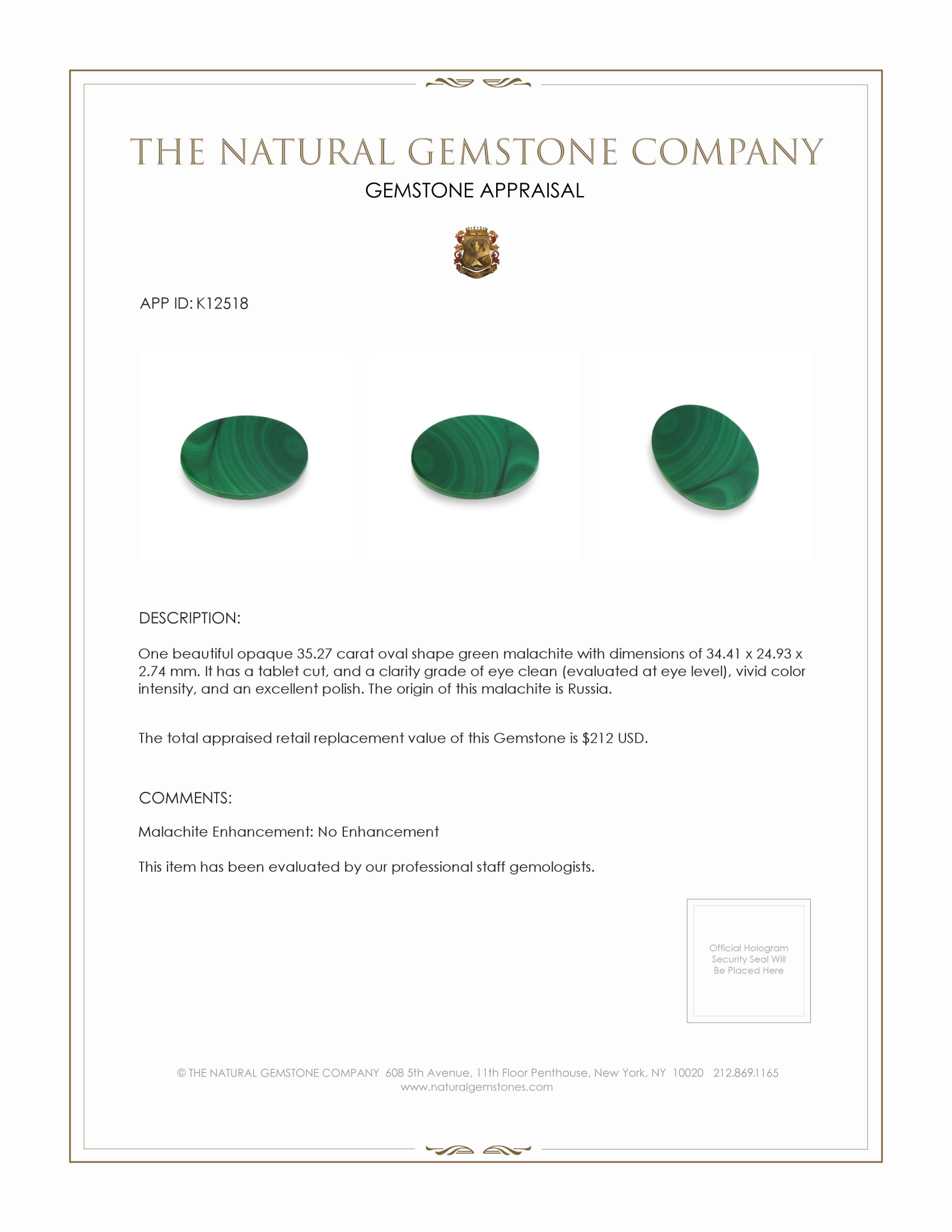 35.27 Ct. Malachite from Russia