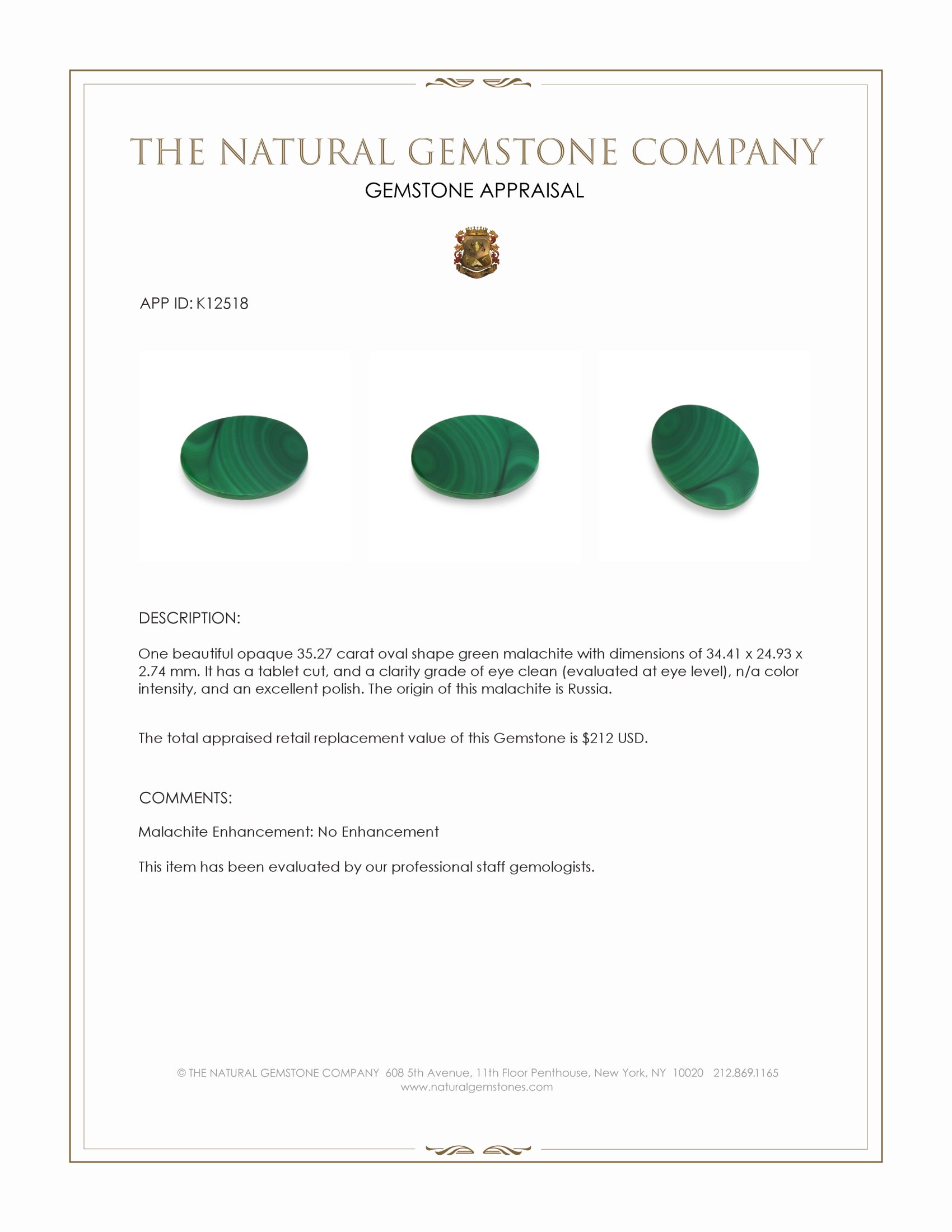 35.27 Ct. Malachite from Russia