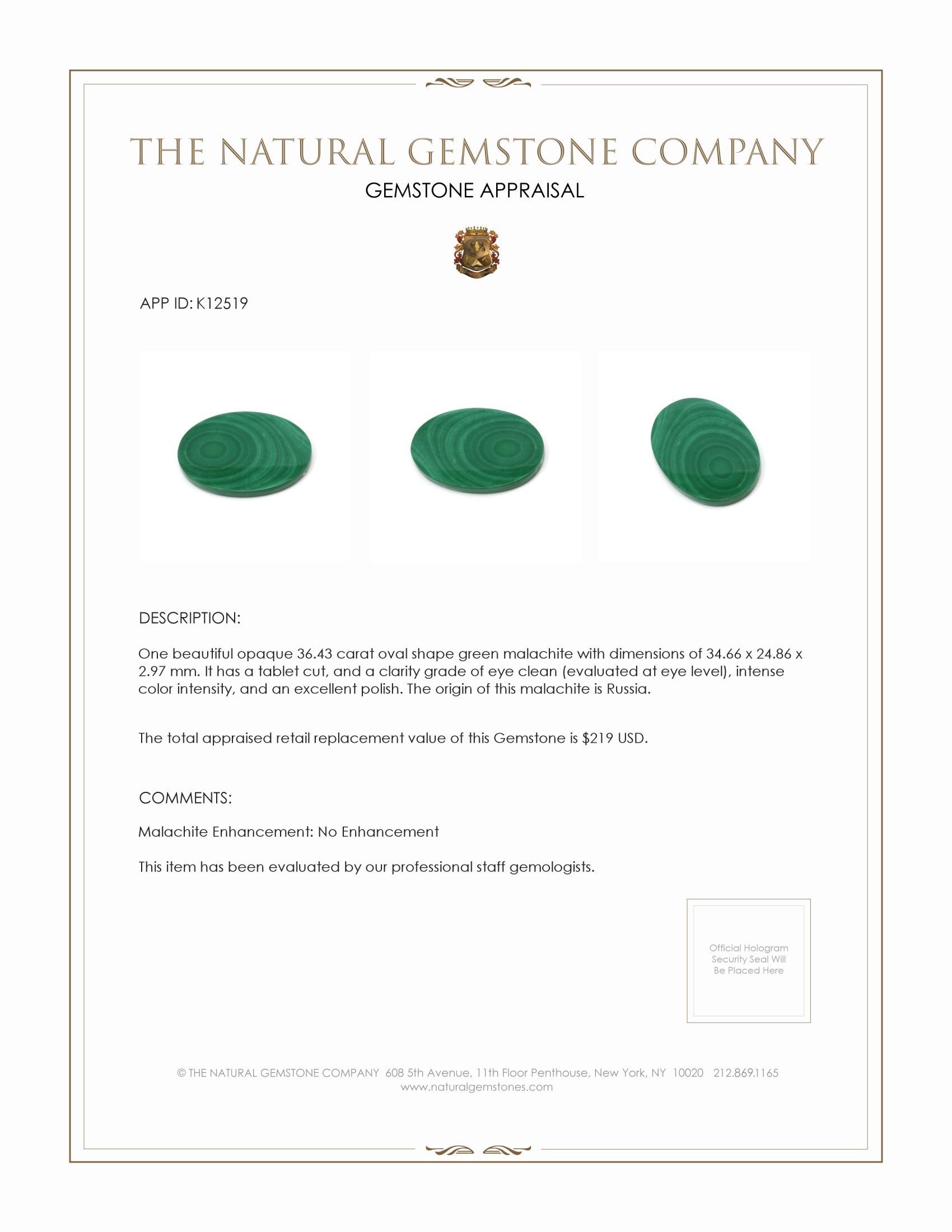 36.43 Ct. Malachite from Russia