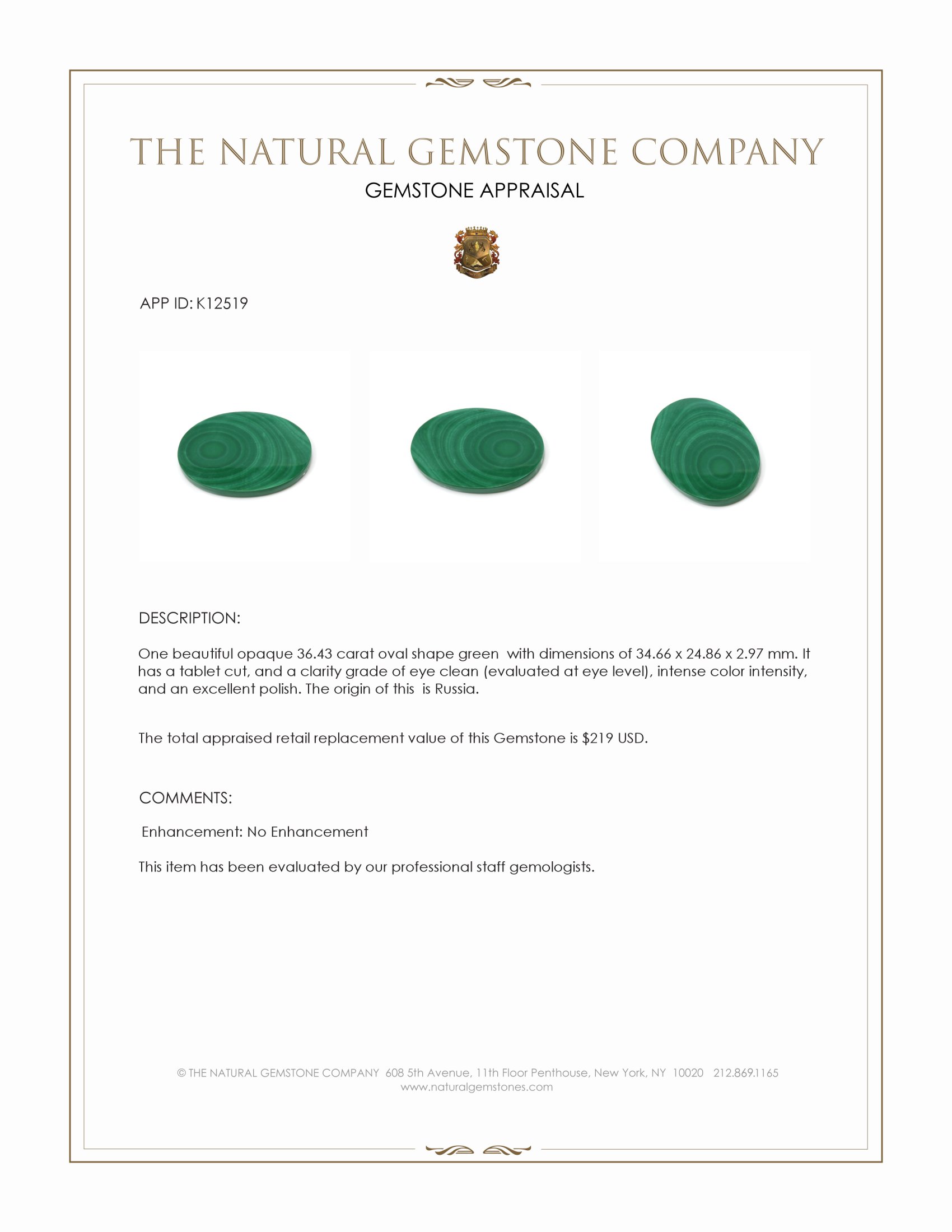 36.43 Ct. Malachite from Russia