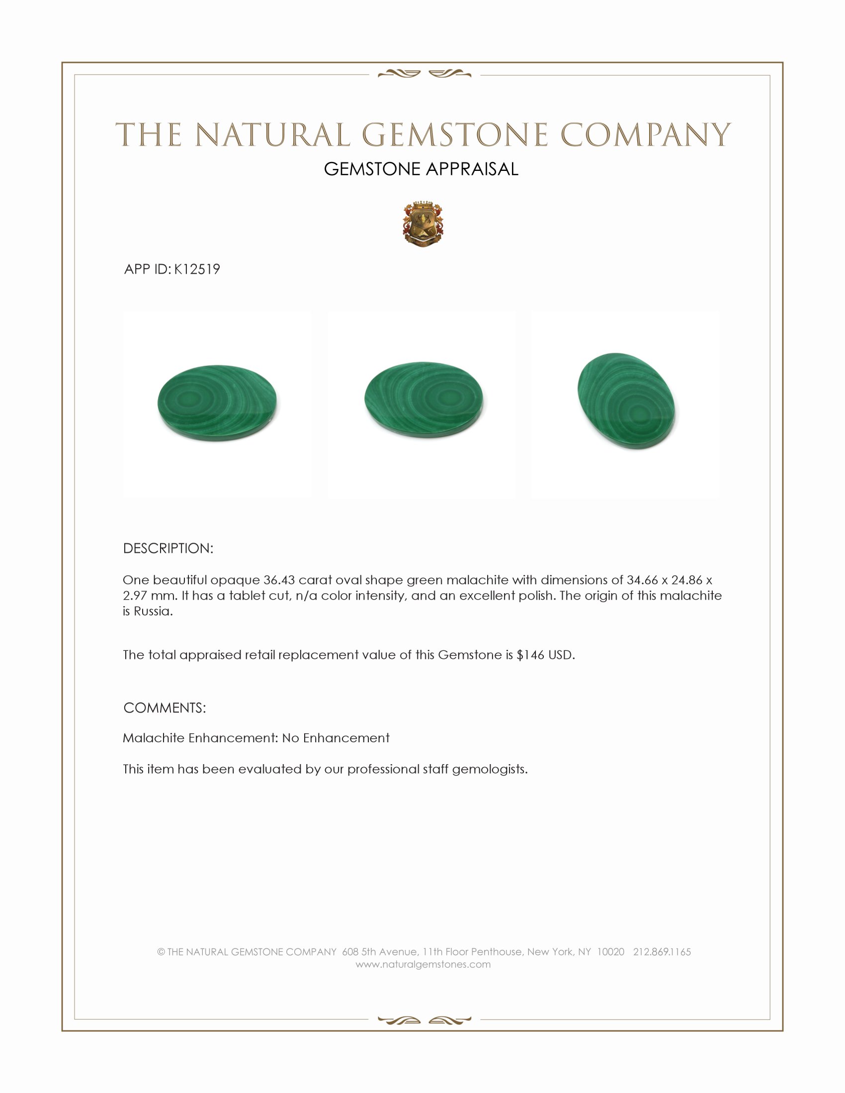 36.43 Ct. Malachite from Russia