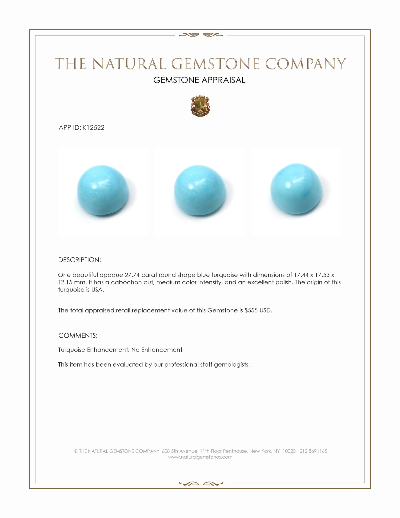 27.74 Ct. Blue Cabochon Turquoise from USA