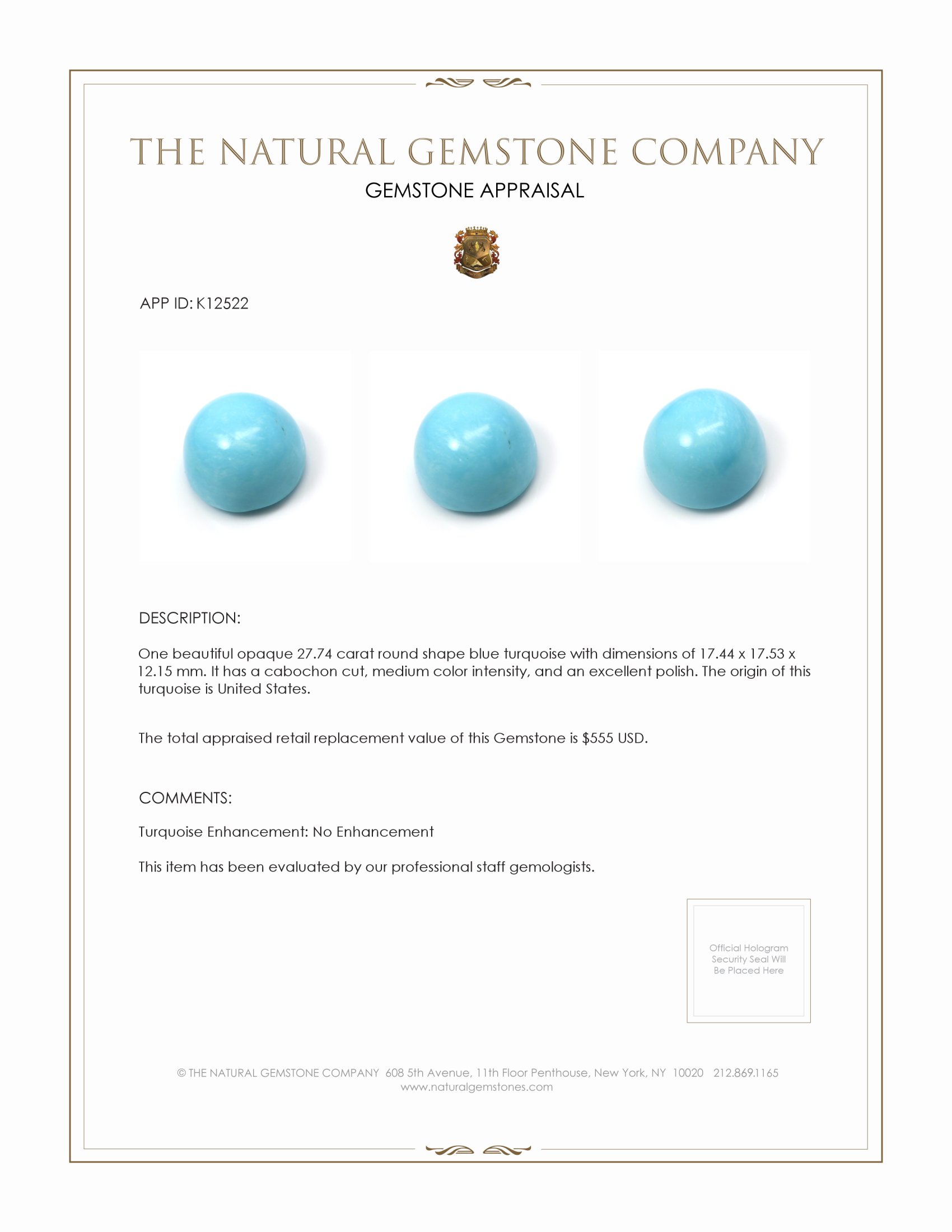 27.74 Ct. Cabochon Turquoise from United States