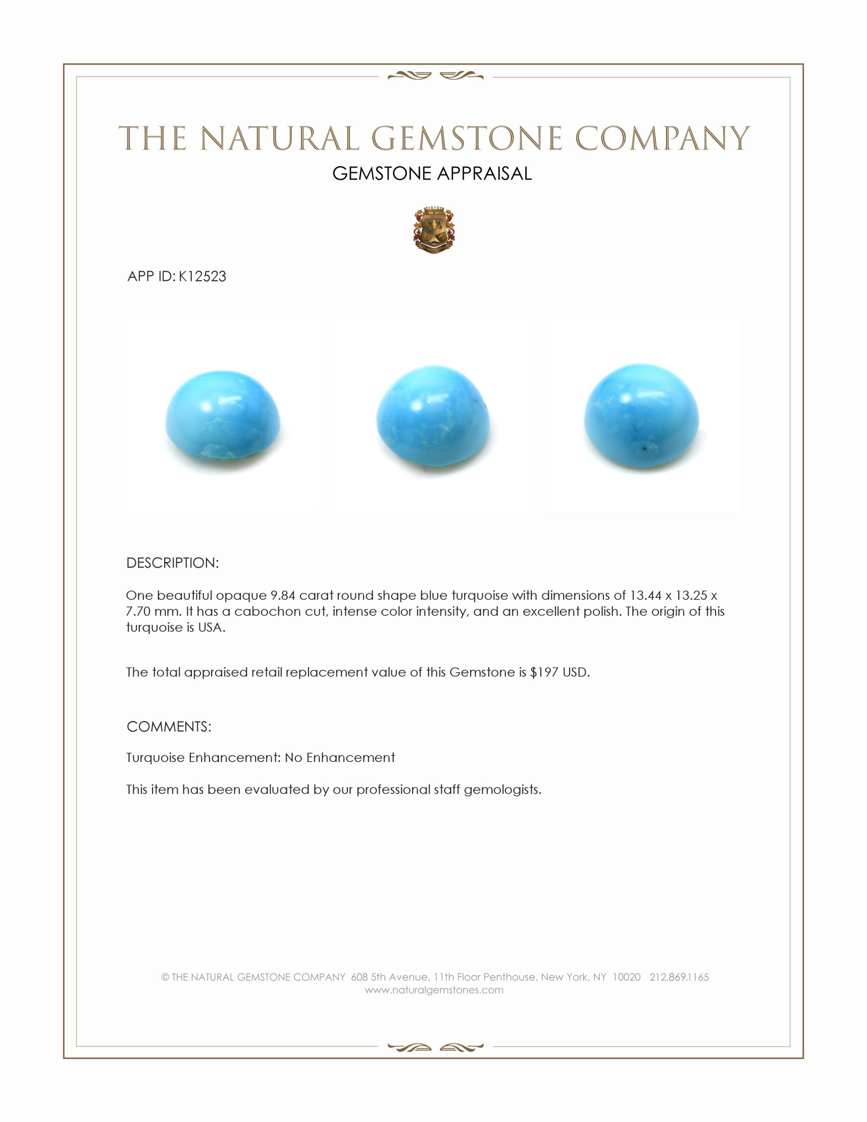 9.84 Ct. Blue Cabochon Turquoise from USA
