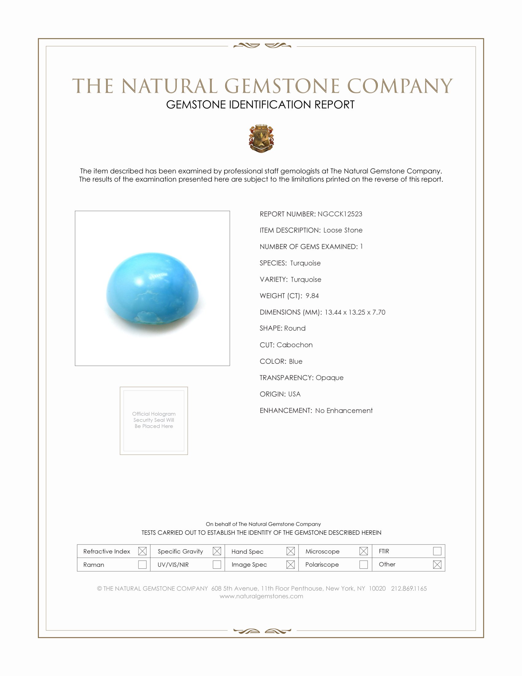 9.84 Ct. Blue Cabochon Turquoise from USA