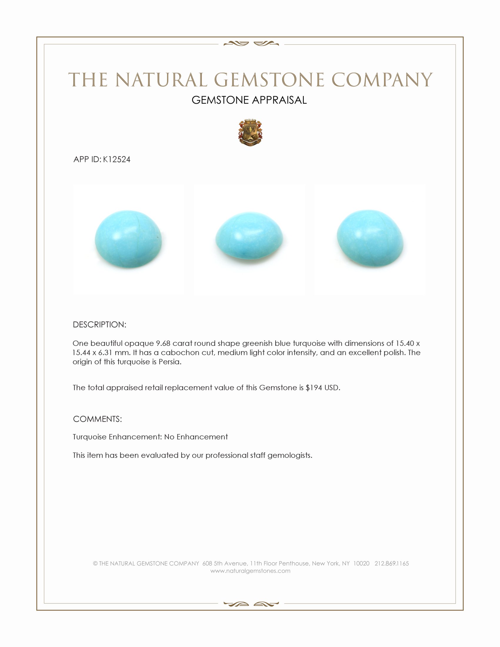 9.68 Ct. Cabochon Turquoise from Persia