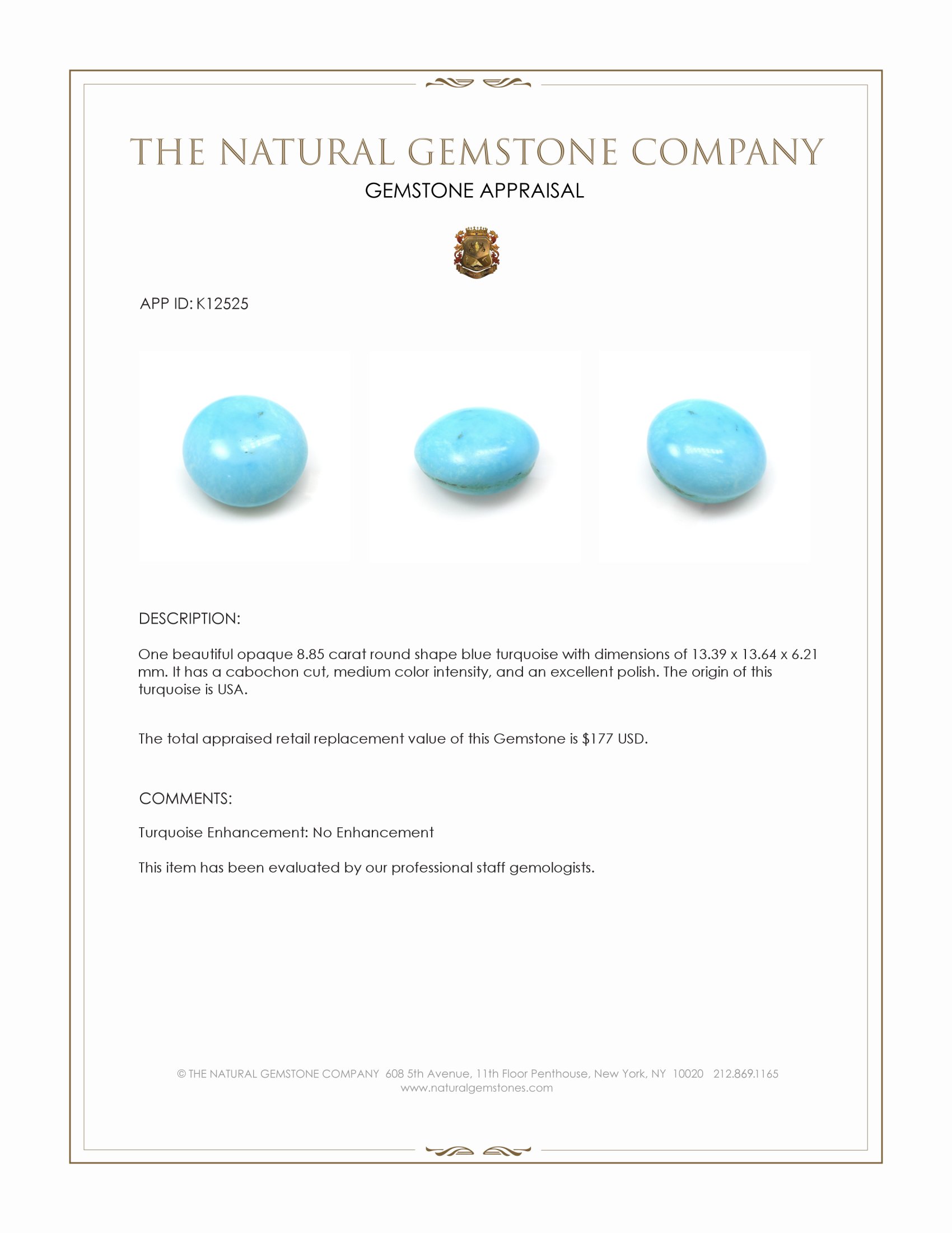 8.85 Ct. Blue Cabochon Turquoise from USA