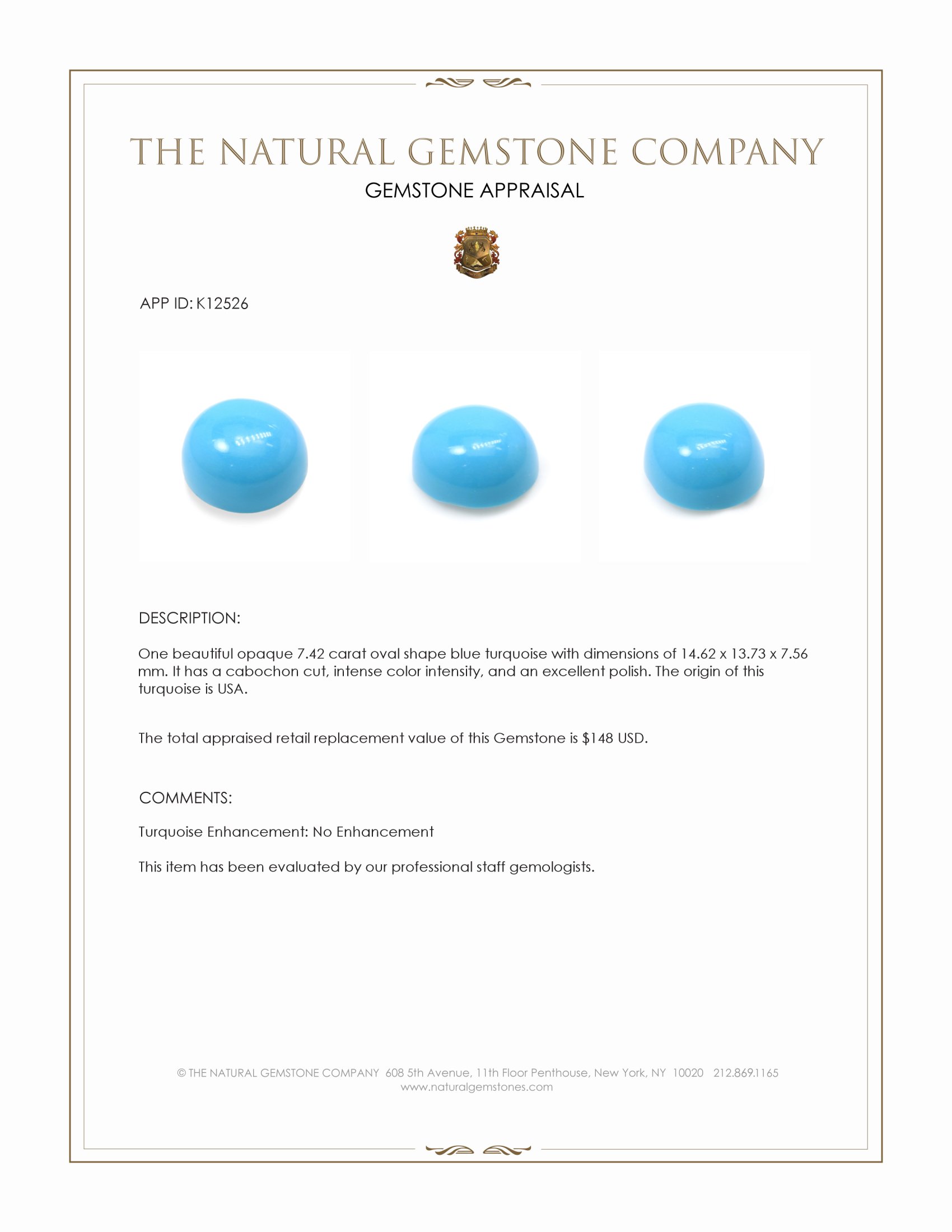 7.42 Ct. Blue Cabochon Turquoise from USA