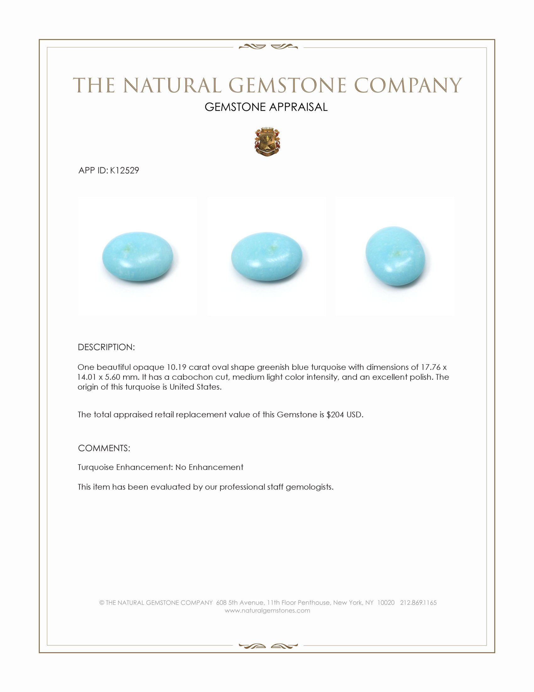 10.19 Ct. Cabochon Turquoise from United States