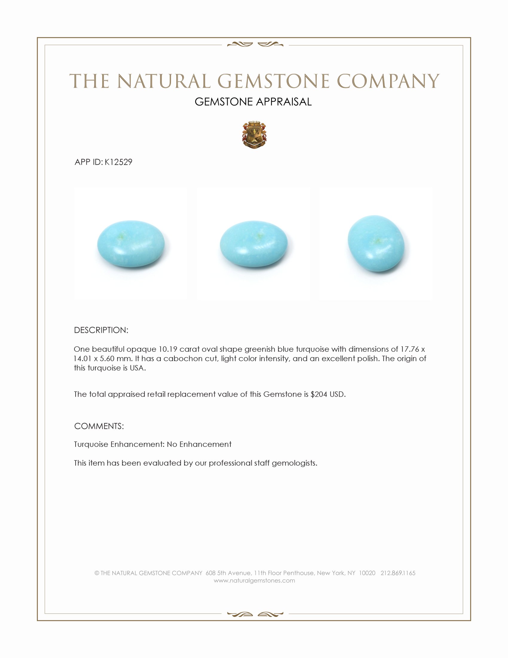 10.19 Ct. Cabochon Turquoise from USA