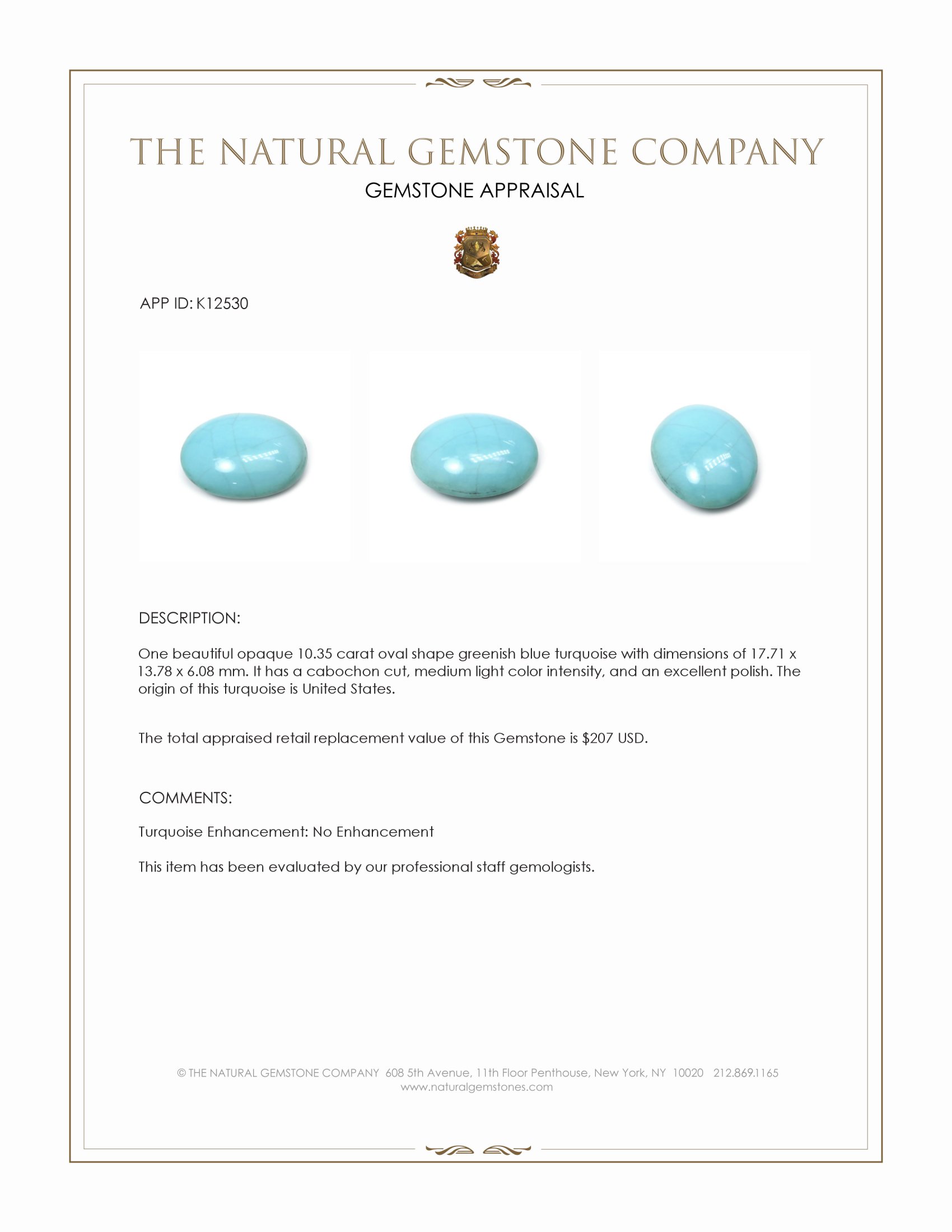 10.35 Ct. Greenish Blue Cabochon Turquoise from USA