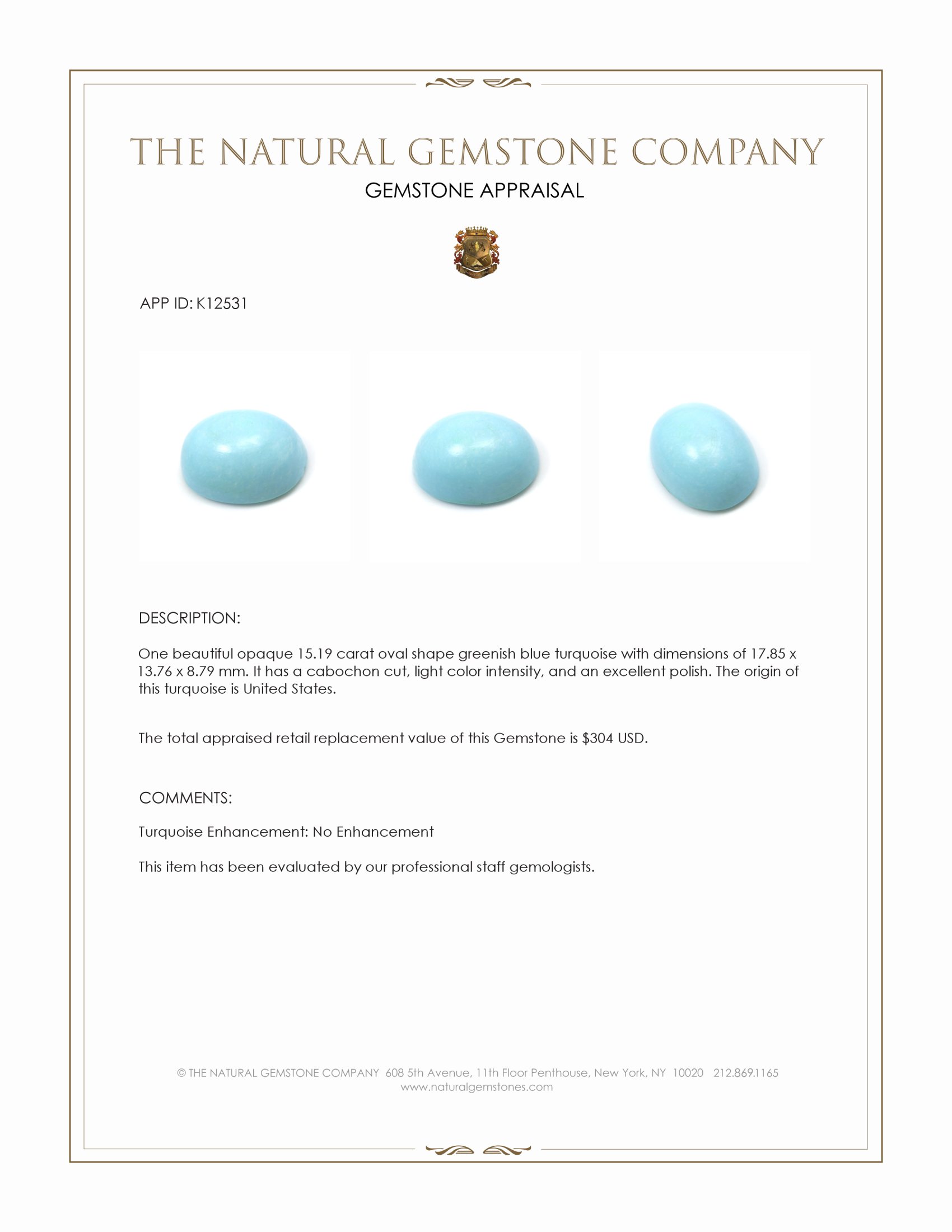 15.19 Ct. Cabochon Turquoise from United States