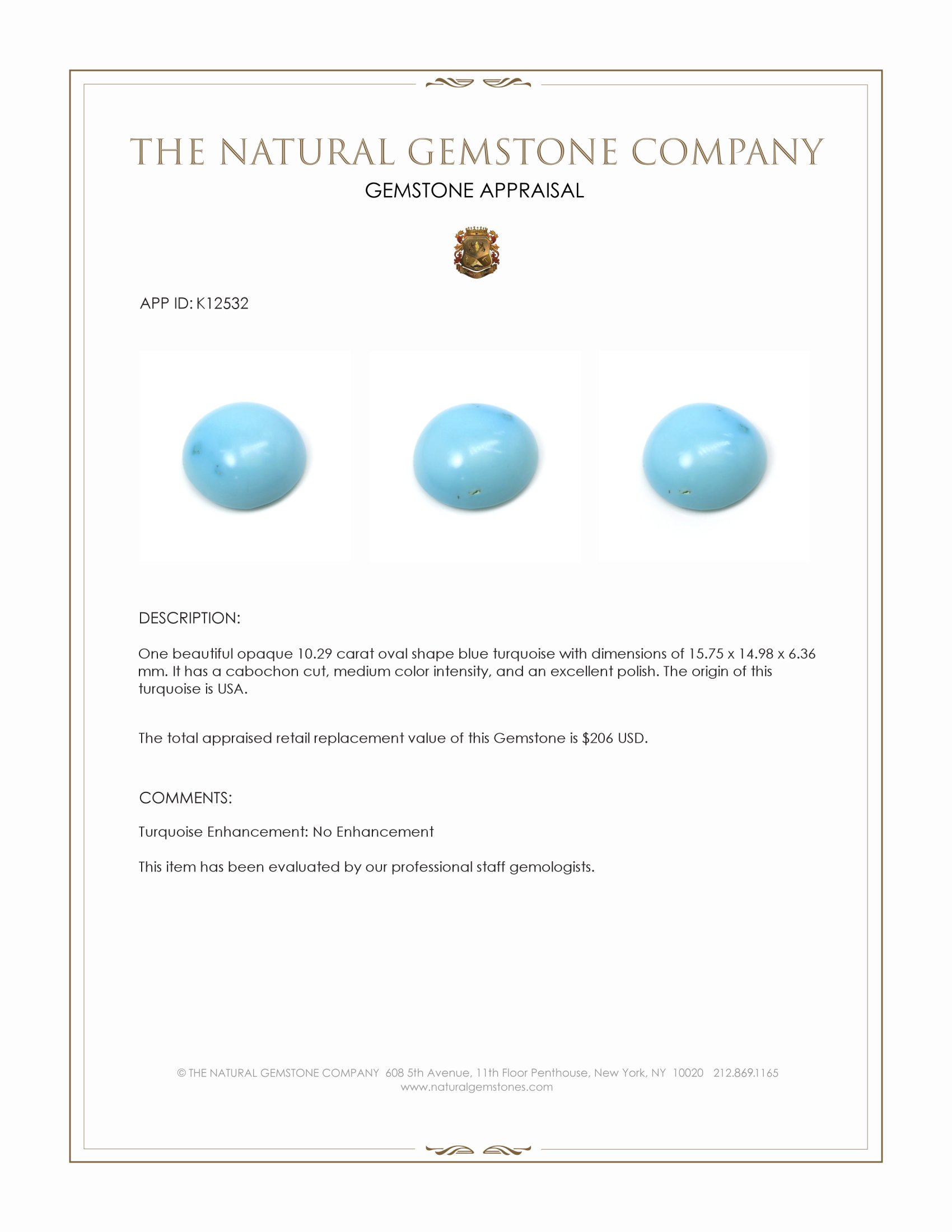 10.29 Ct. Blue Cabochon Turquoise from USA