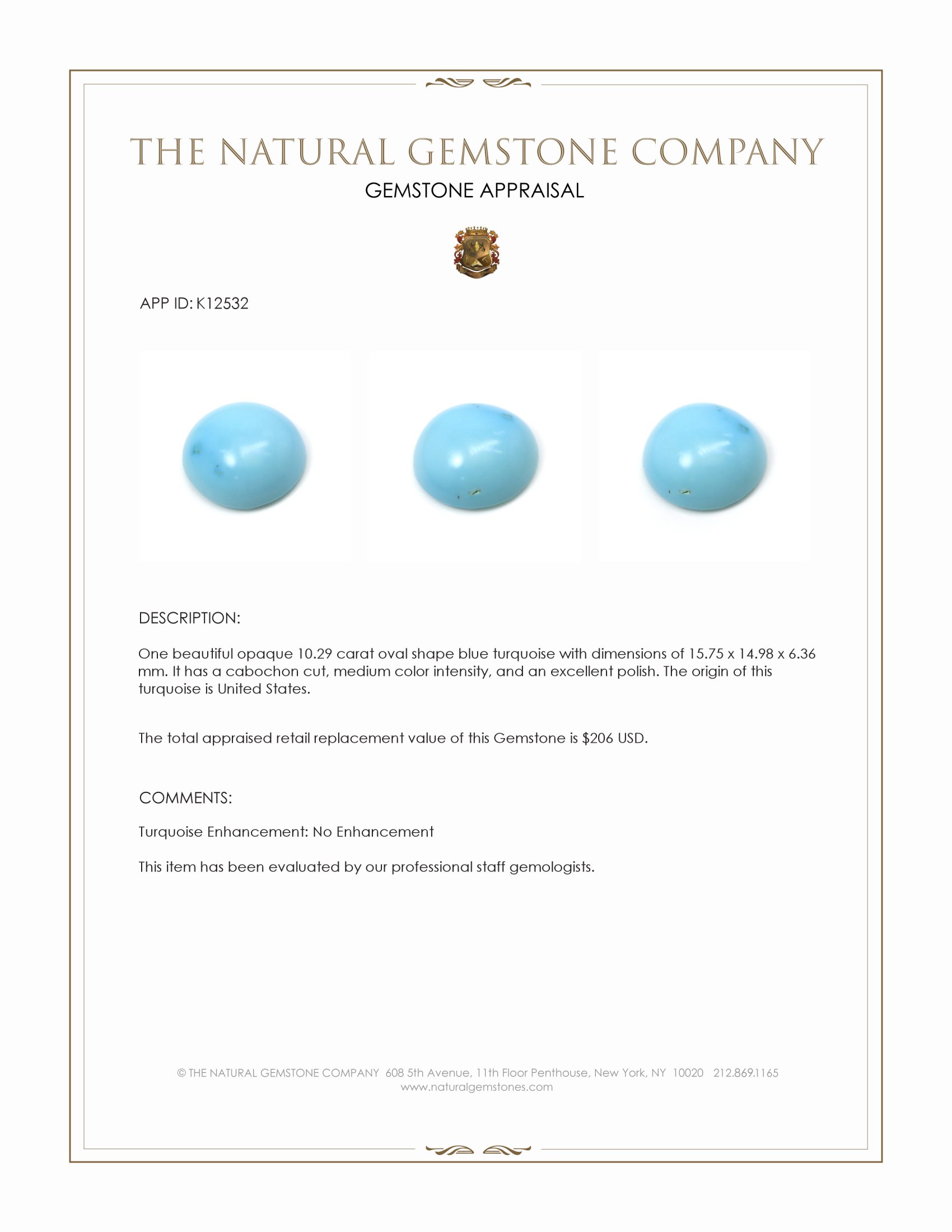 10.29 Ct. Cabochon Turquoise from United States