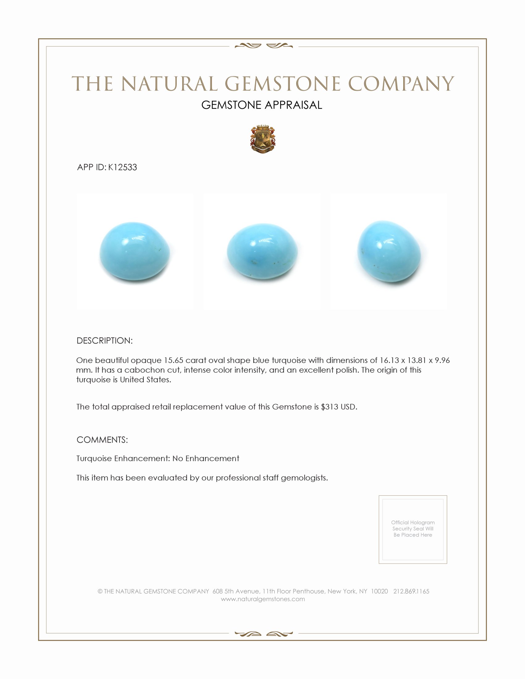 15.65 Ct. Cabochon Turquoise from United States