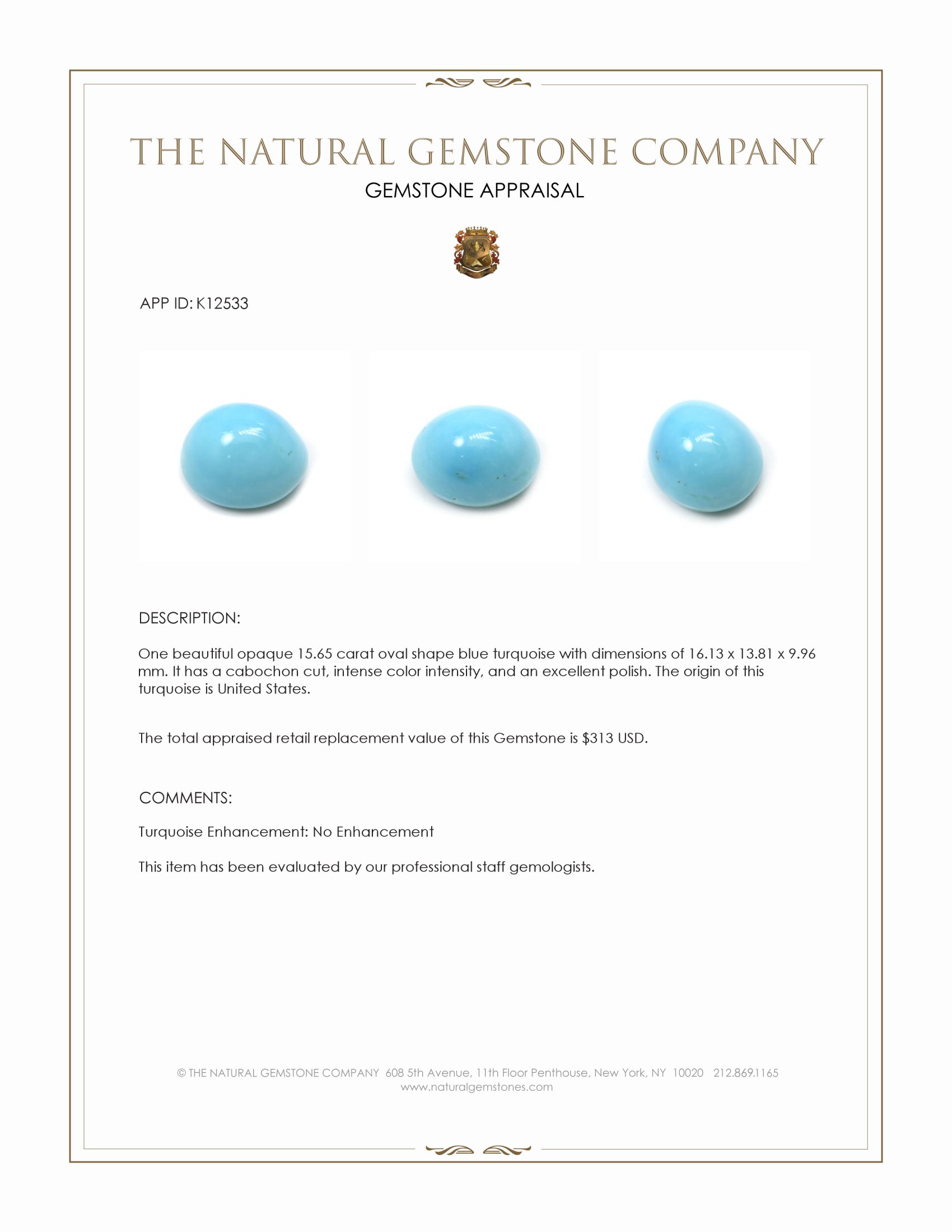 15.65 Ct. Cabochon Turquoise from United States