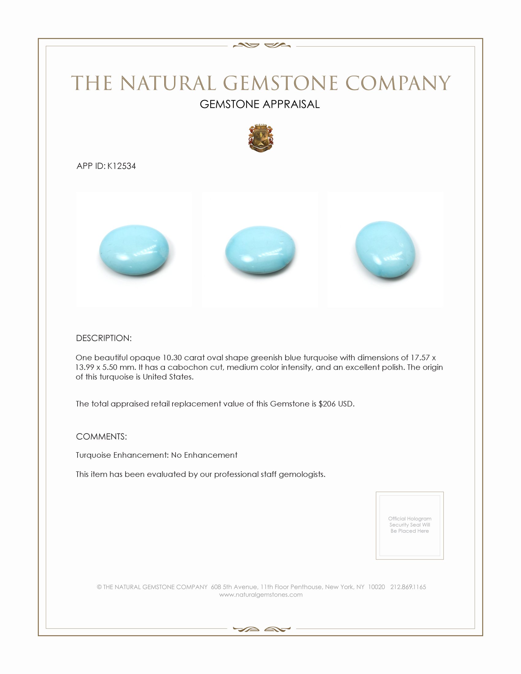 10.30 Ct. Cabochon Turquoise from United States