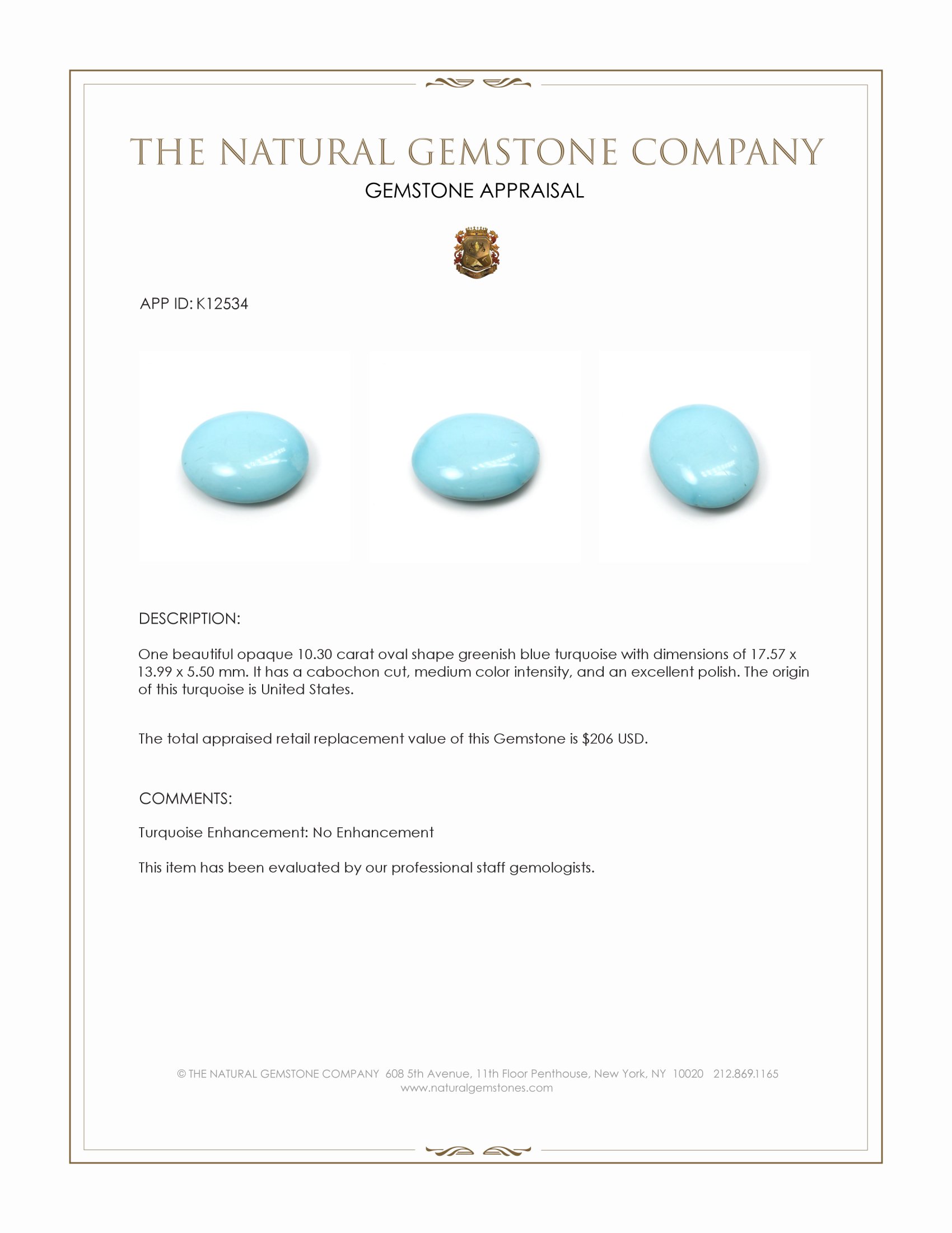 10.30 Ct. Cabochon Turquoise from United States