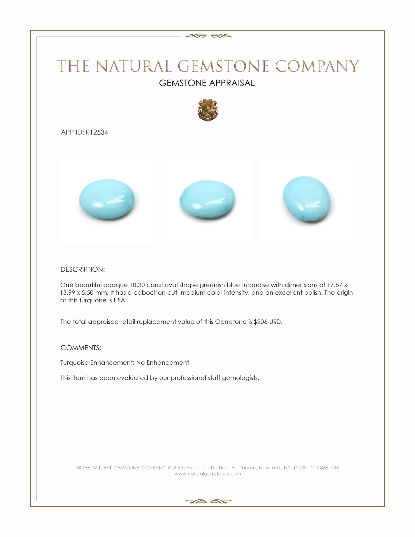 10.30 Ct. Greenish Blue Cabochon Turquoise from USA