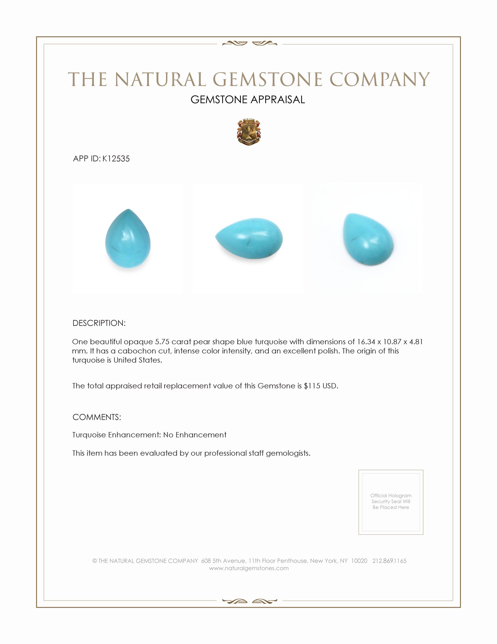 5.75 Ct. Blue Cabochon Turquoise from USA