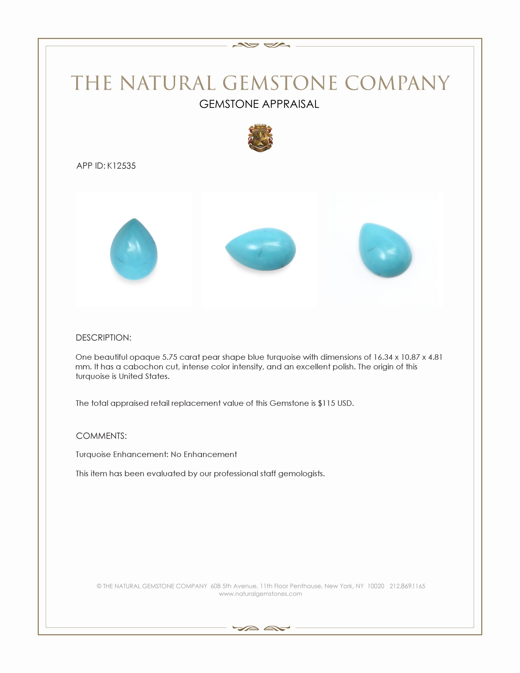 5.75 Ct. Cabochon Turquoise from United States