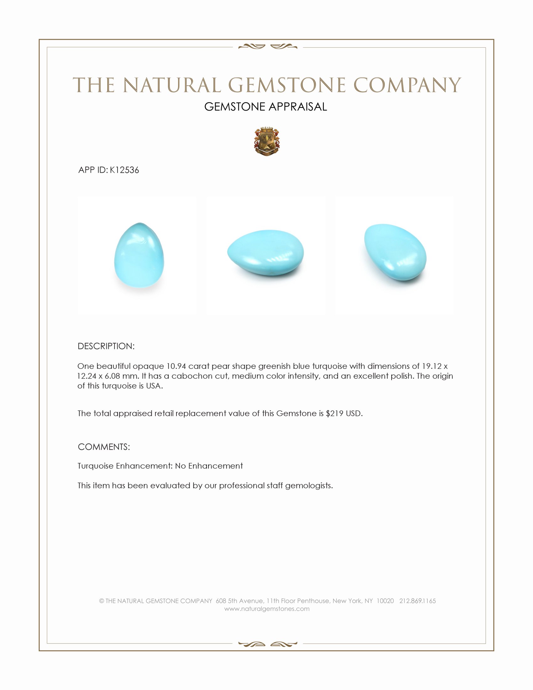 10.94 Ct. Greenish Blue Cabochon Turquoise from USA