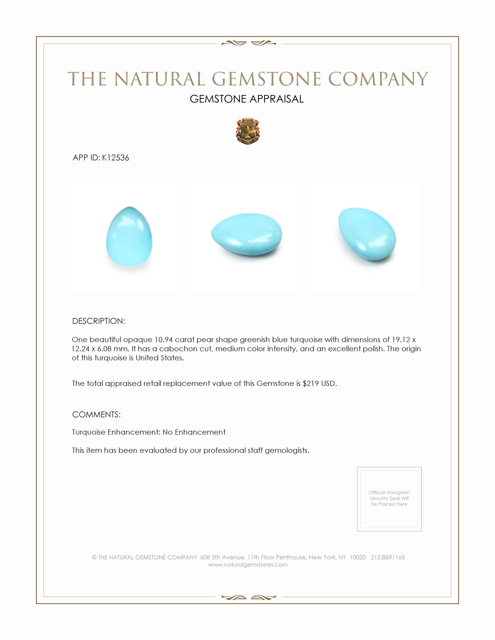 10.94 Ct. Cabochon Turquoise from United States