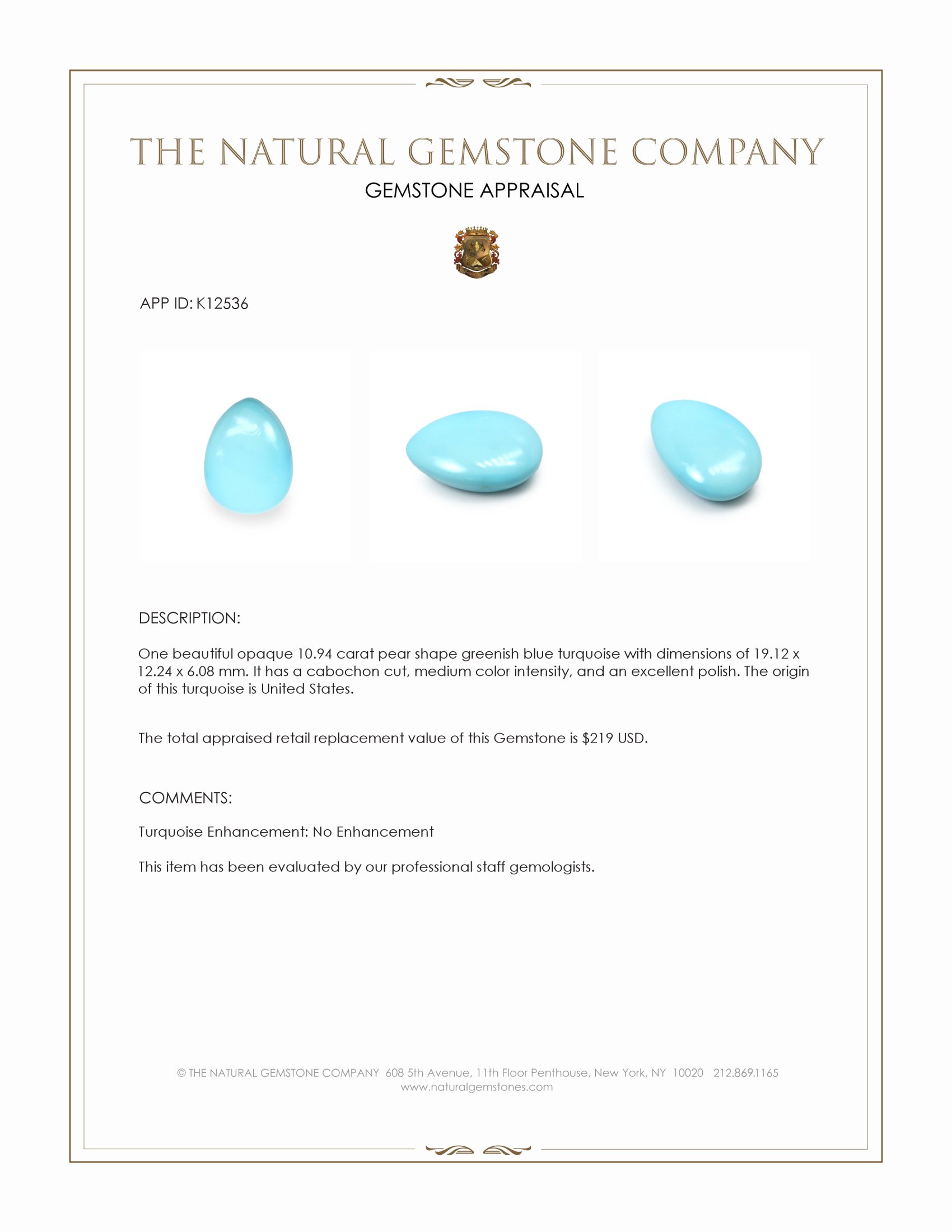 10.94 Ct. Cabochon Turquoise from United States