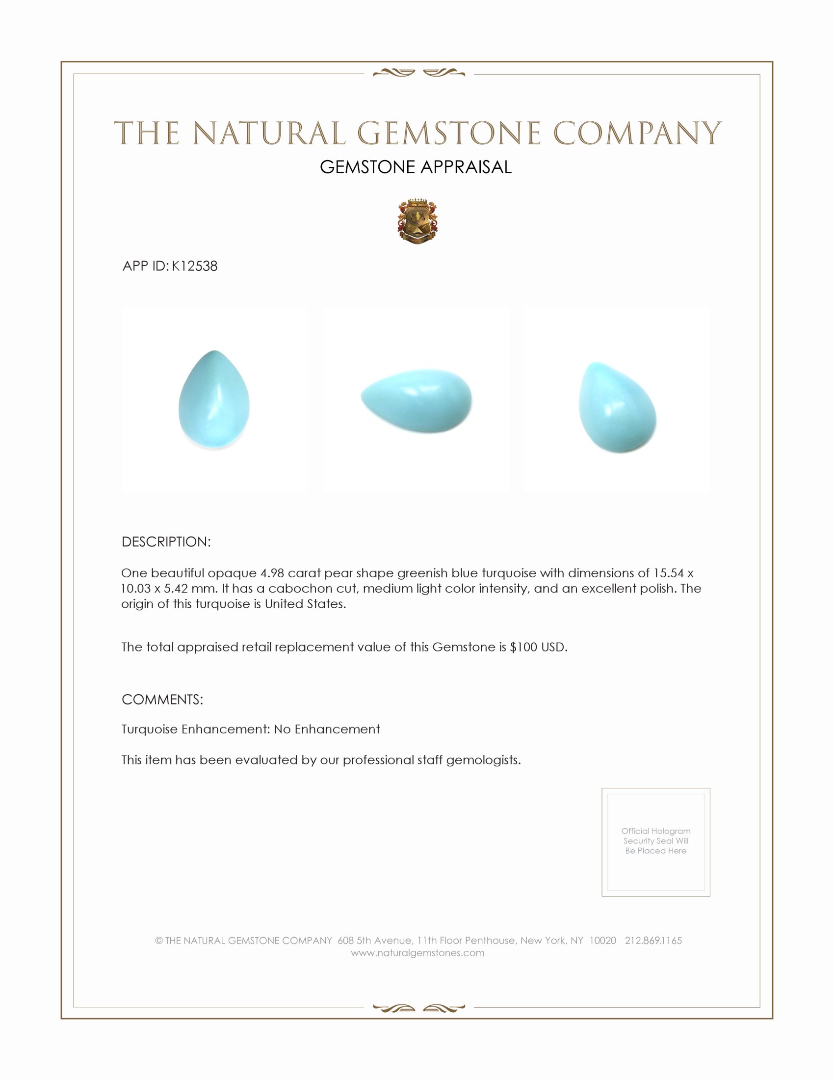 4.98 Ct. Greenish Blue Cabochon Turquoise from USA