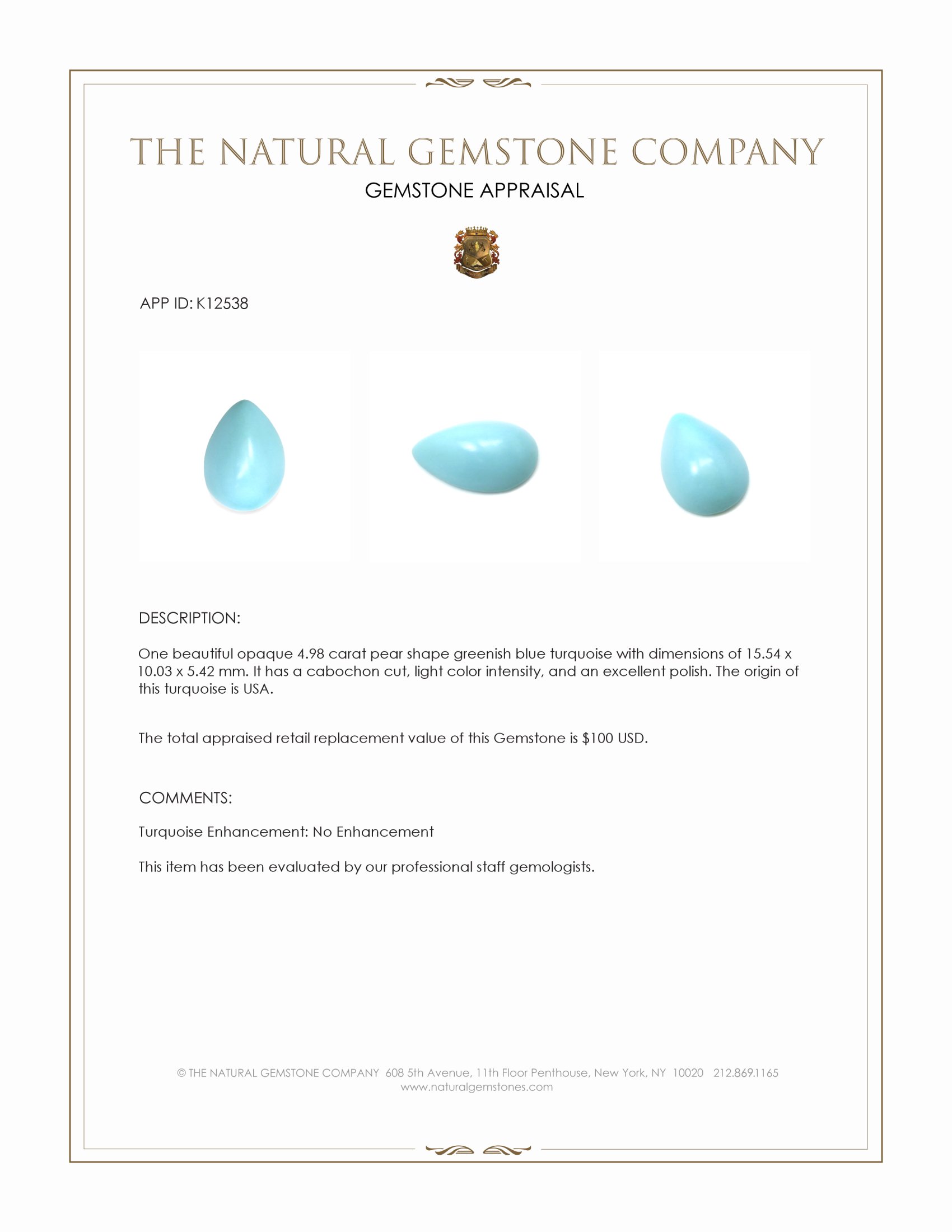 4.98 Ct. Cabochon Turquoise from USA