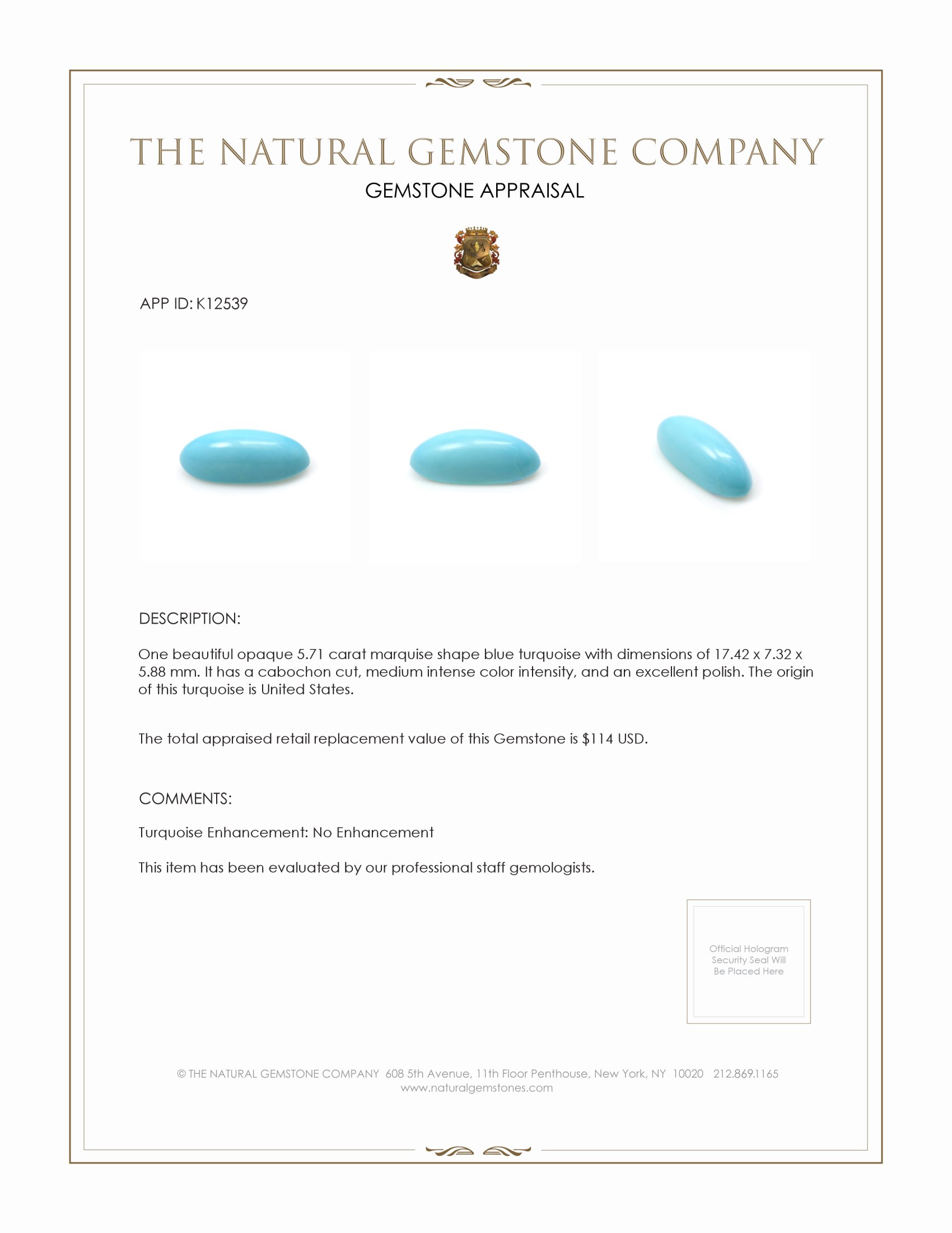 5.71 Ct. Cabochon Turquoise from USA