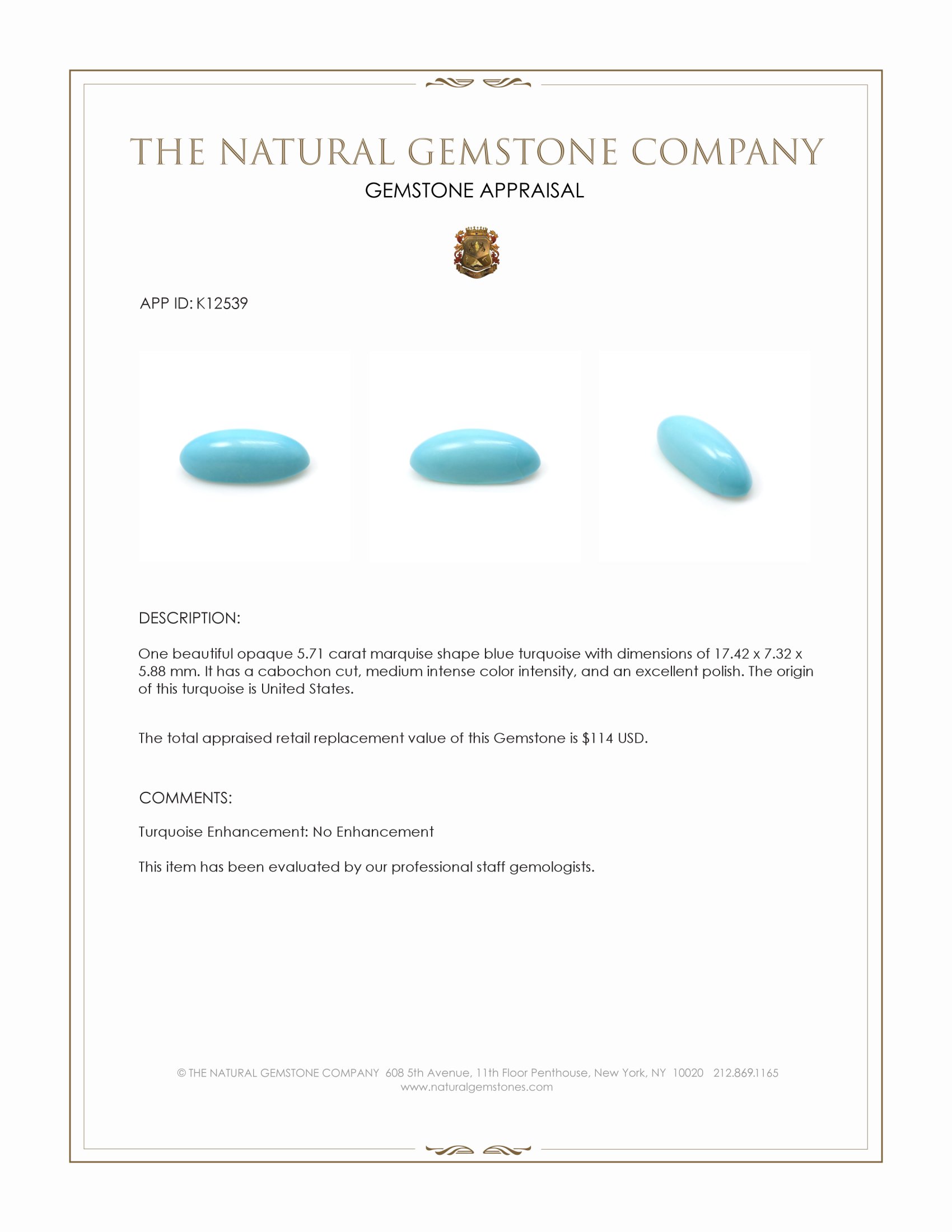 5.71 Ct. Cabochon Turquoise from United States