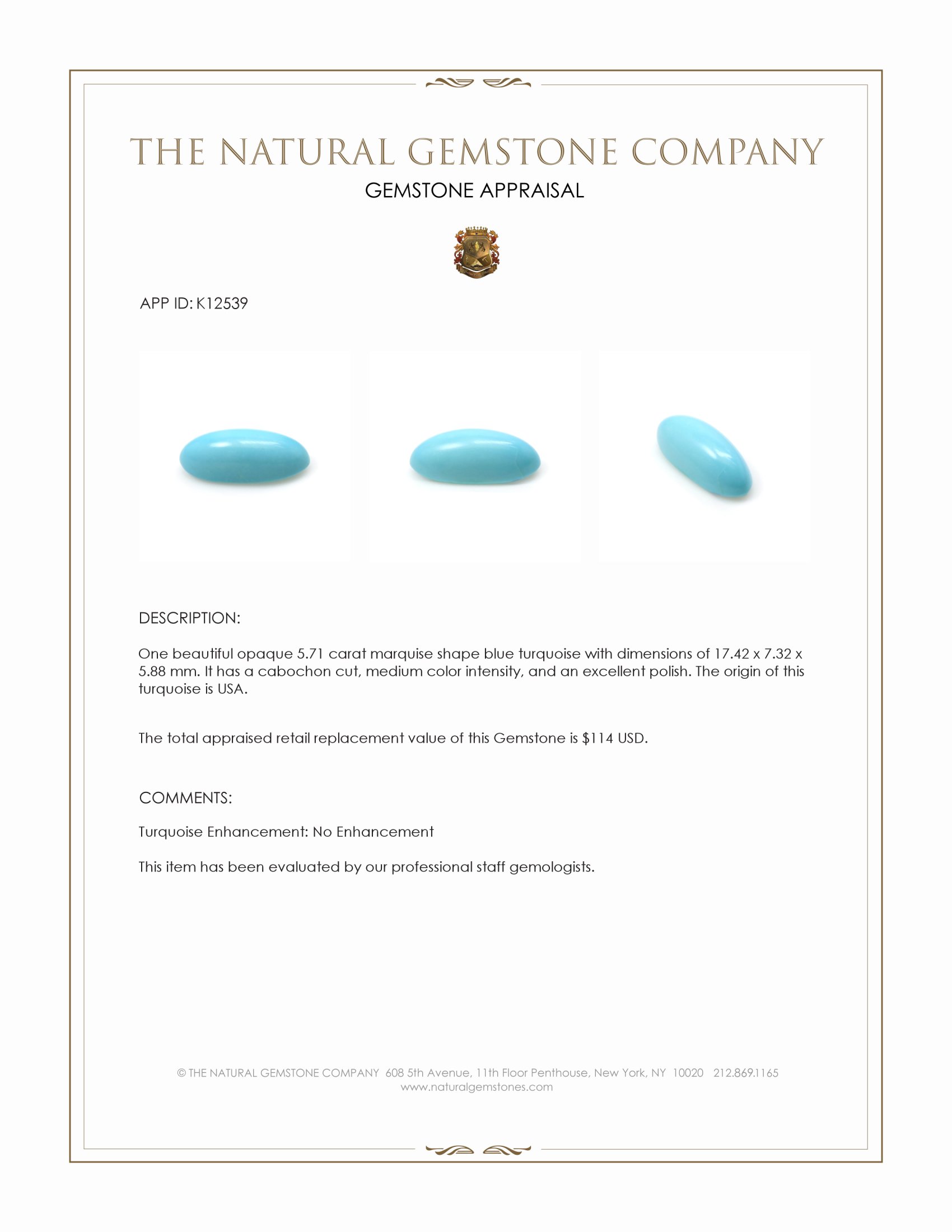 5.71 Ct. Blue Cabochon Turquoise from USA