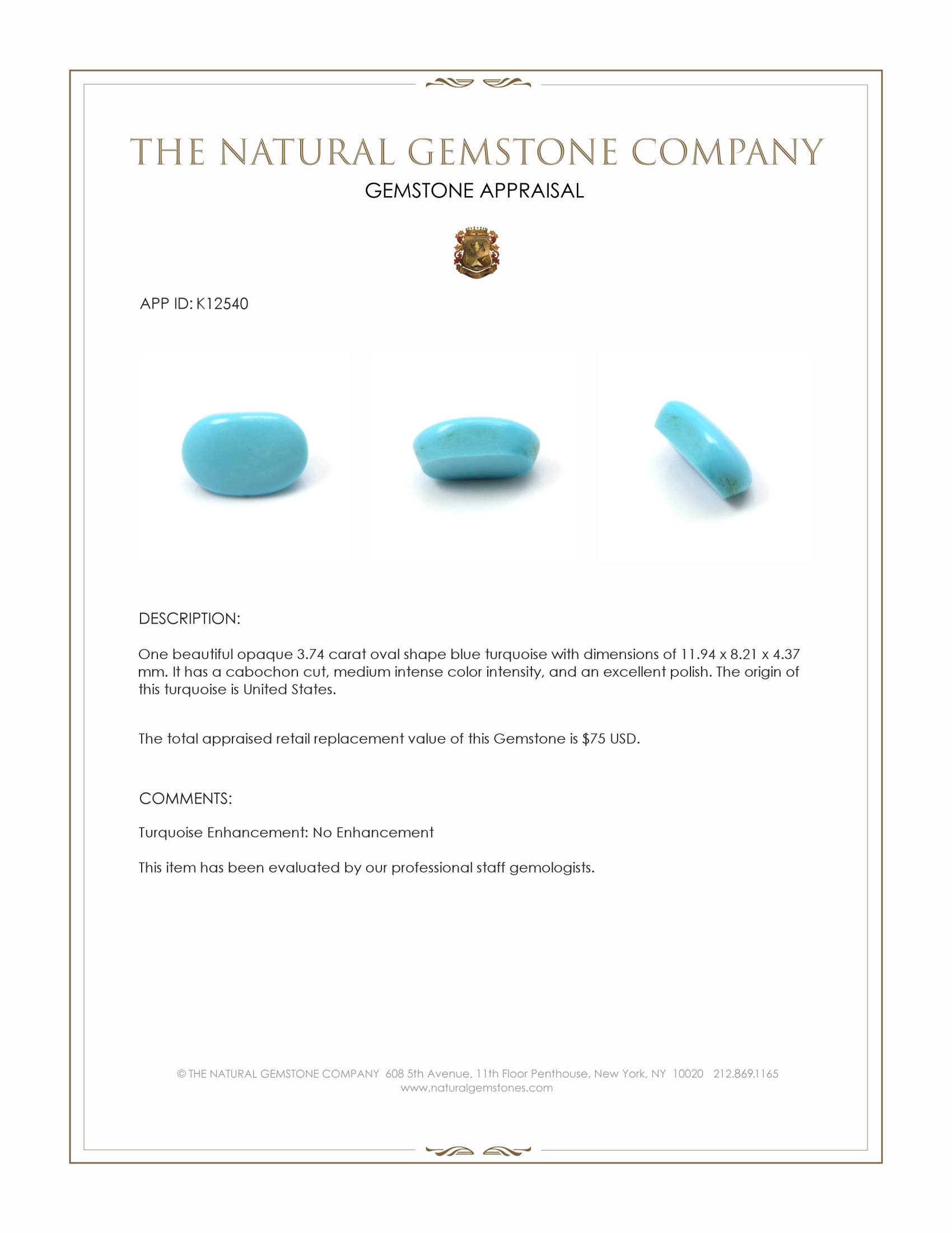 3.74 Ct. Cabochon Turquoise from United States