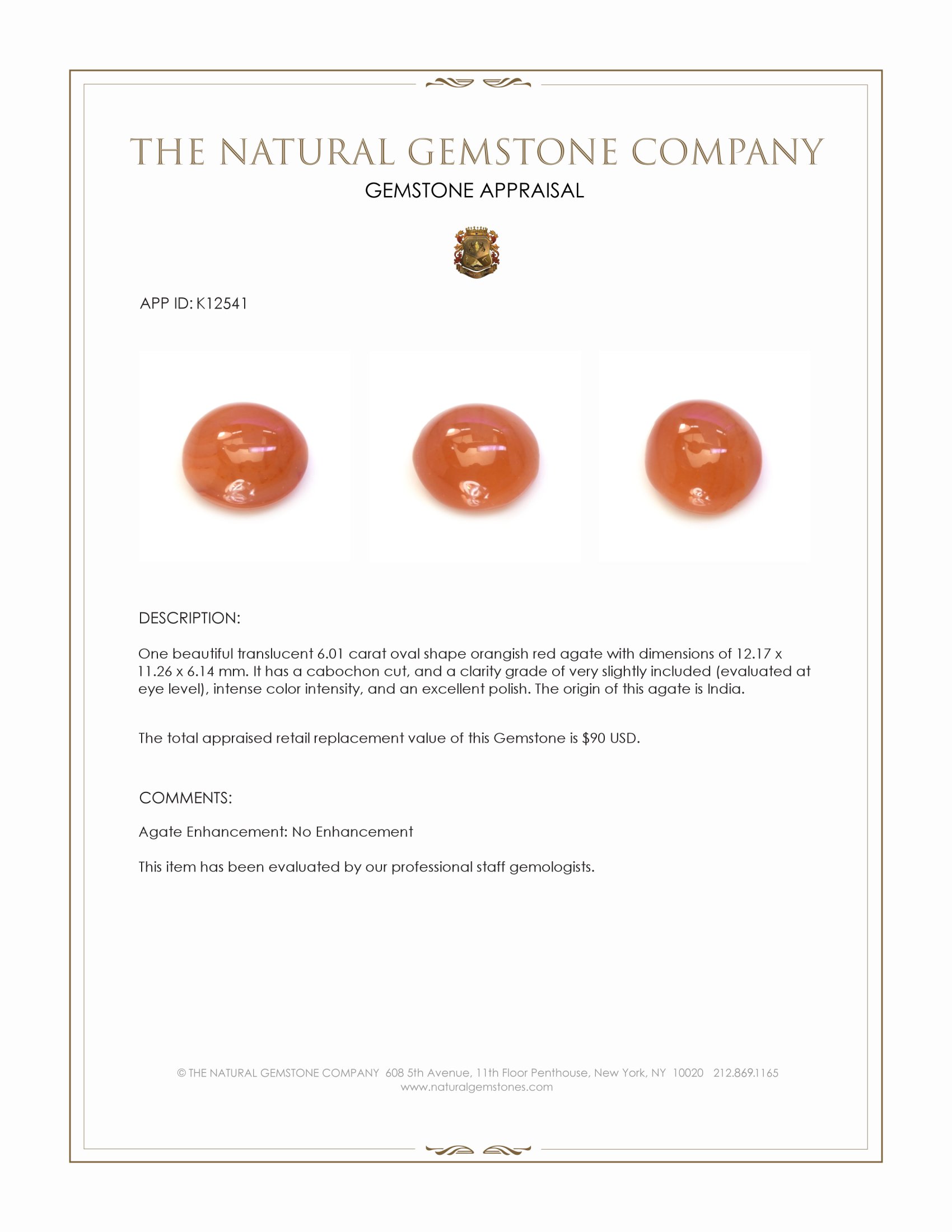 6.01 Ct. Orangish Red Cabochon Agate from India