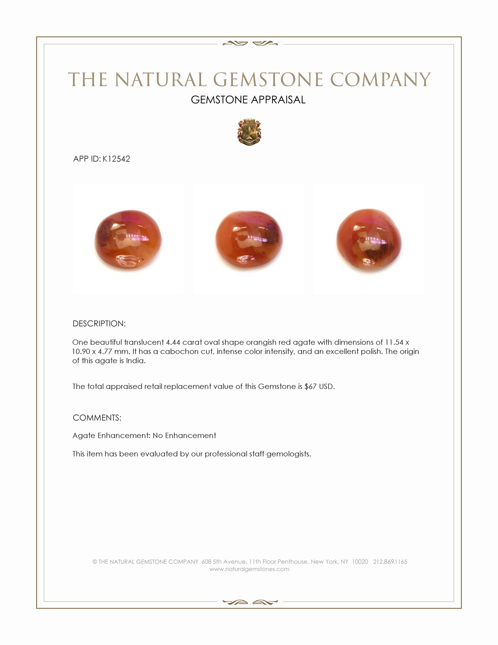 4.44 Ct. Orangish Red Cabochon Agate from India